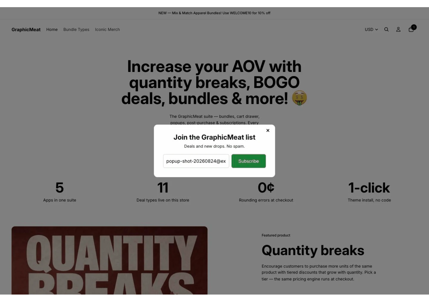 Join the GraphicMeat list popup with an email address typed into the field and a Subscribe button