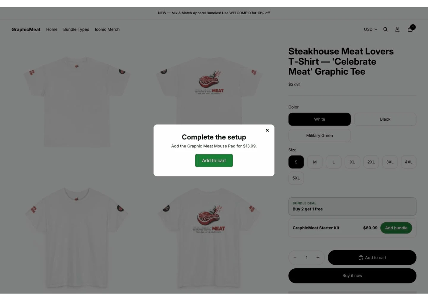 Complete the setup popup on a product page offering the Graphic Meat Mouse Pad for $13.99 with an Add to cart button