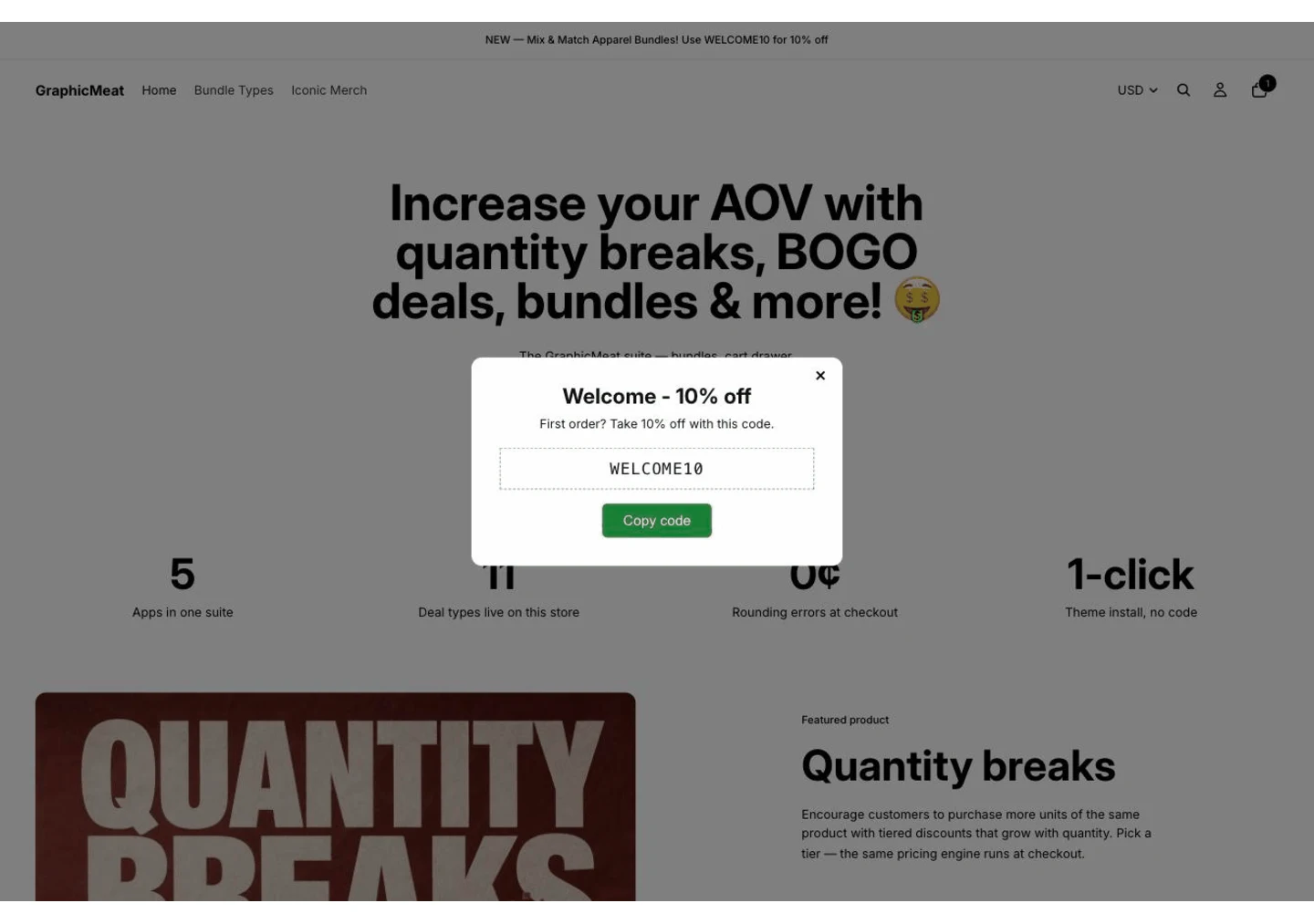 GraphicMeat demo store home page with a Welcome, 10% off popup showing the code WELCOME10 in a copyable field and a Copy code button