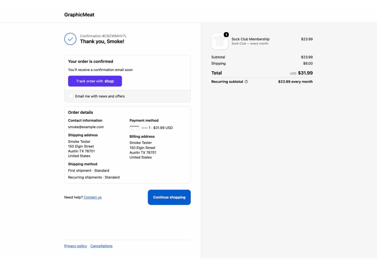 Shopify thank-you page after declining the post-purchase offers: order confirmed with the original single-item total unchanged