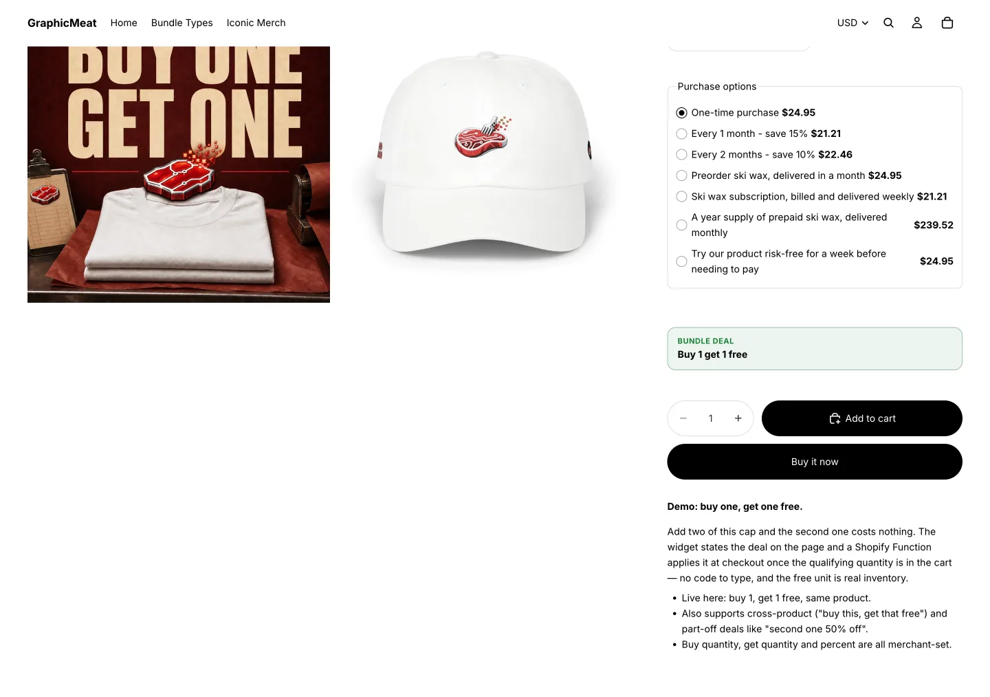 Demo store product page for a Buy One Get One cap showing purchase options and a Bundle deal strip reading Buy 1 get 1 free above the Add to cart button