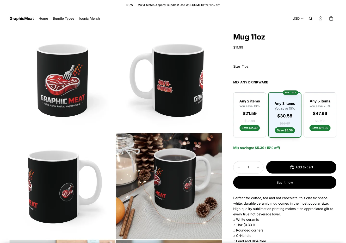 Product page for an 11oz mug showing a Mix any drinkware widget with tiles for any 2 items save 10%, any 3 items save 15% marked Best mix, and any 5 items save 20%, plus a Mix savings line of $5.39