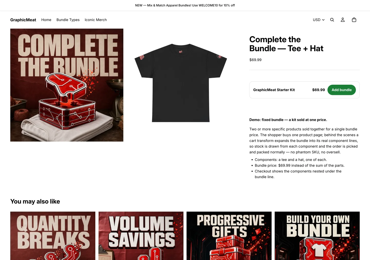 Product page titled Complete the Bundle, Tee + Hat, with a GraphicMeat Starter Kit $69.99 Add bundle strip under the price, a description of how the fixed bundle works, and a You may also like row