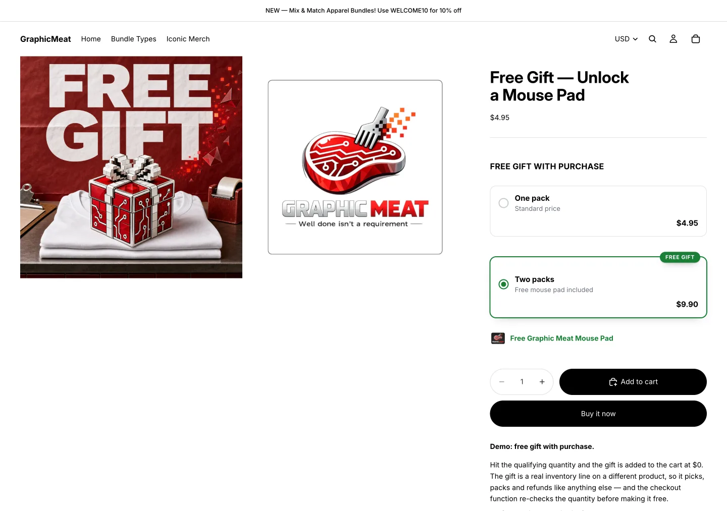 Product page for a sticker pack with a Free gift with purchase widget: one pack at $4.95 at the standard price, and two packs at $9.90 with a free mouse pad included, marked Free gift
