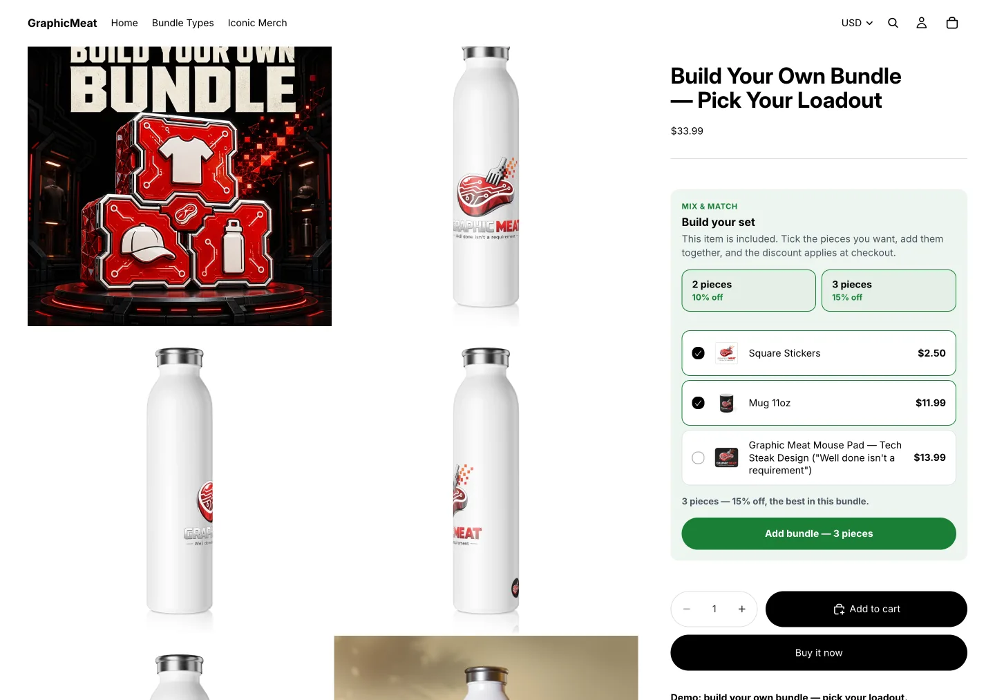 Demo store product page titled Build Your Own Bundle, Pick Your Loadout, with the Prime Bundles Build your set card: tier tiles for 2 pieces 10% off and 3 pieces 15% off, square stickers and a mug ticked, a mouse pad unticked, and an Add bundle, 3 pieces button