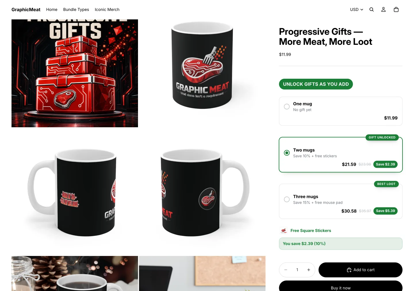 Product page for an 11oz mug with a Prime Bundles widget titled Unlock gifts as you add: one mug $11.99, two mugs save 10% plus free stickers marked Gift unlocked, three mugs save 15% plus a free mouse pad marked Best loot, and a You save $2.39 line