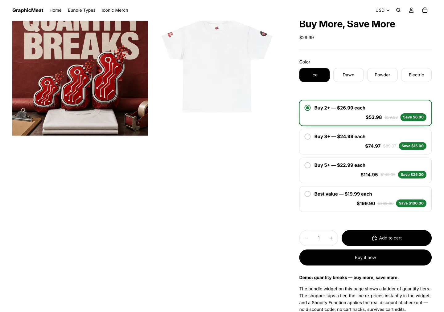 Demo store product page for a premium T-shirt with the Prime Bundles quantity-break widget: four selectable tiers from Buy 2+ at $26.99 each, saving $6.00, down to a best-value tier at $19.99 each, saving $100.00