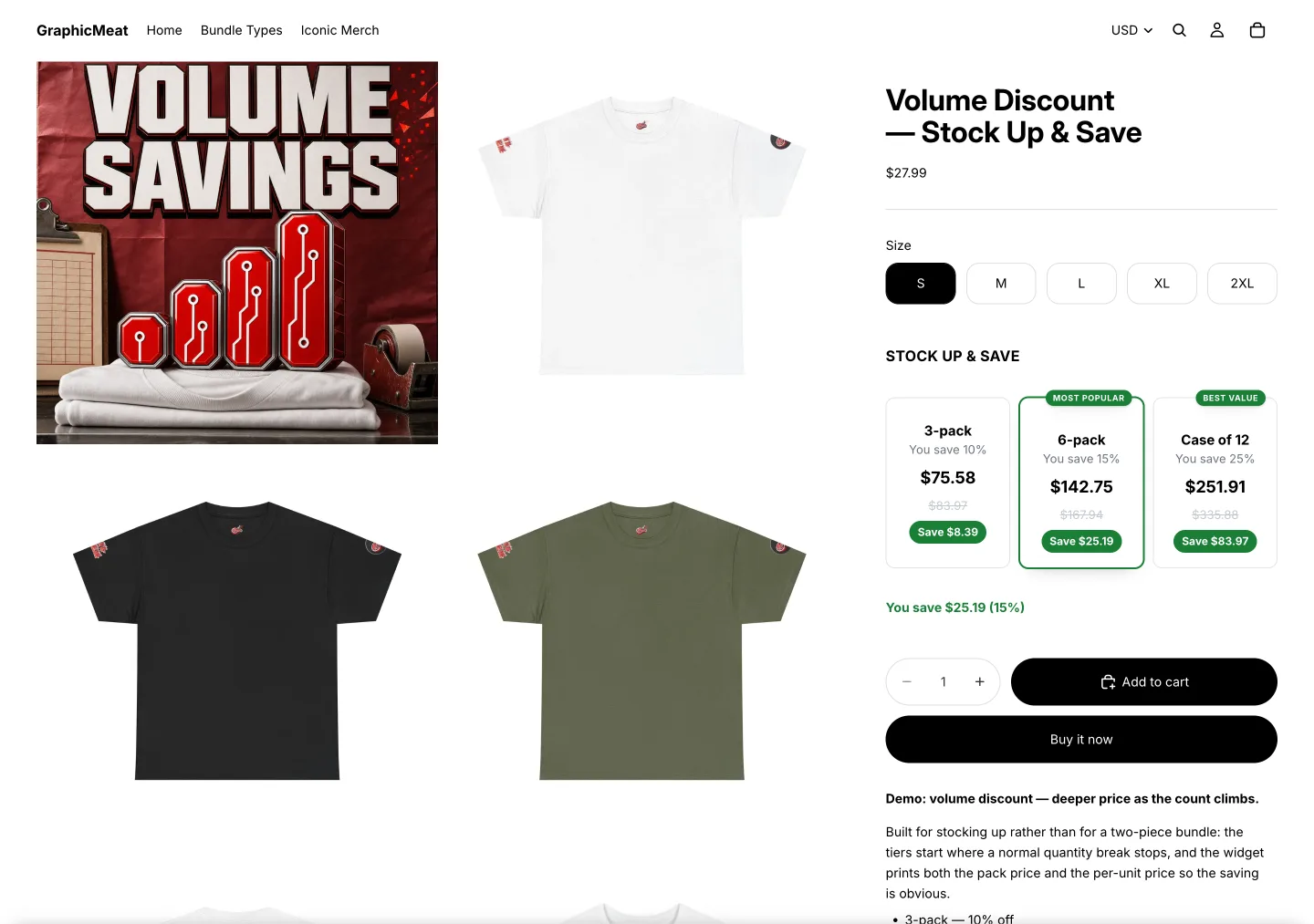 Product page for a T-shirt with a Stock up & save widget showing tiles for a 3-pack at $75.58, a 6-pack at $142.75 marked Most popular and a case of 12 at $251.91 marked Best value, with a You save $25.19 line