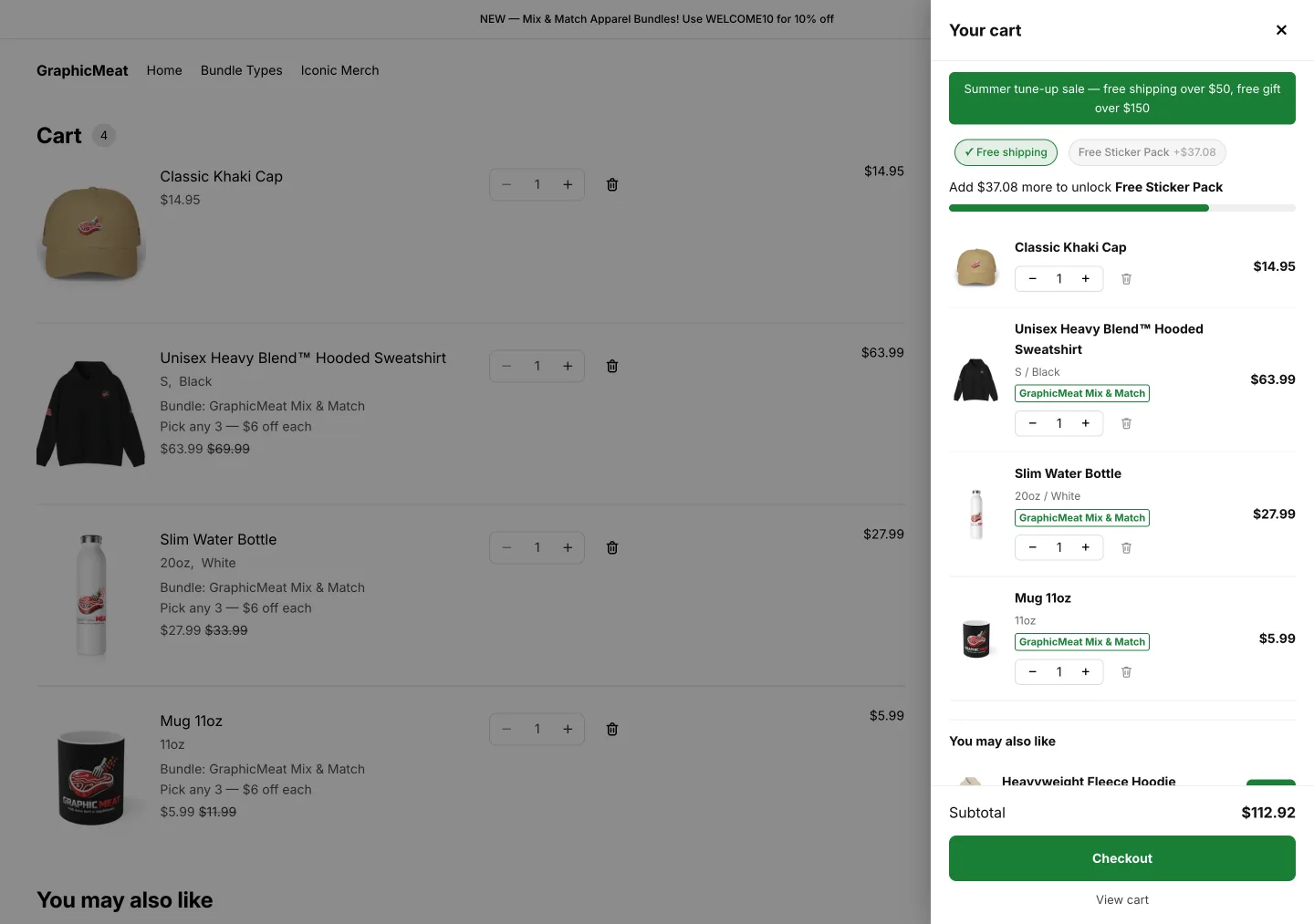 The demo store cart page with the Smart Cart drawer open over it; the theme cart behind shows lines labelled Bundle: GraphicMeat Mix & Match with discounted prices such as $63.99 struck from $69.99, and the drawer shows the same lines with a reward bar and a $112.92 subtotal