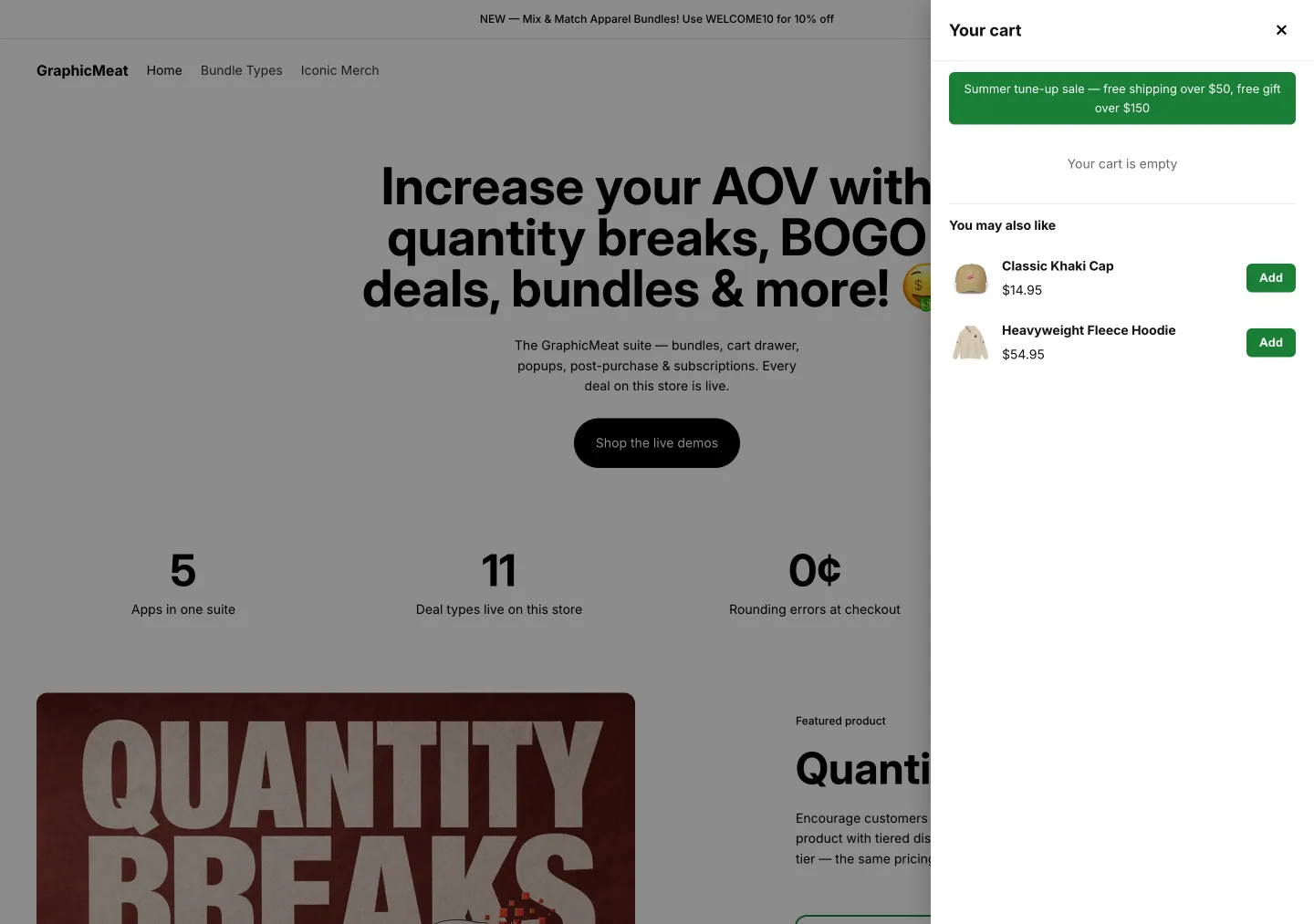 Demo store homepage with the Smart Cart drawer open on an empty cart: the announcement bar, a Your cart is empty line, and a You may also like section offering a cap and a hoodie with Add buttons