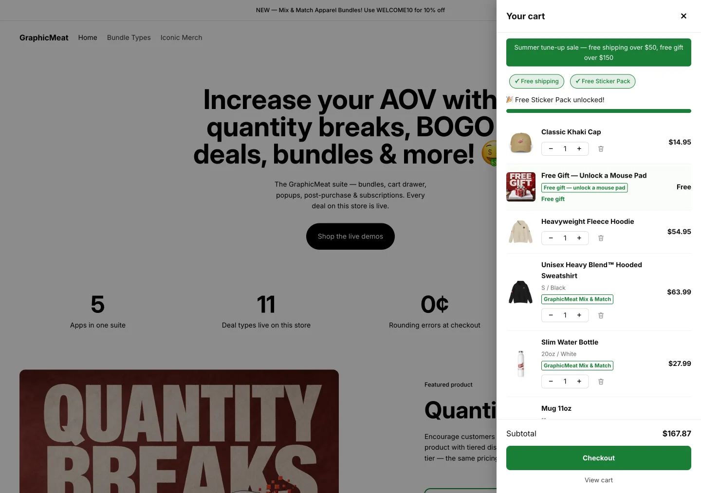 Demo store homepage with the Smart Cart drawer open past the gift tier: both reward chips ticked, a Free Sticker Pack unlocked line, a full progress bar, the free gift shown as a cart line priced Free, and a $167.87 subtotal