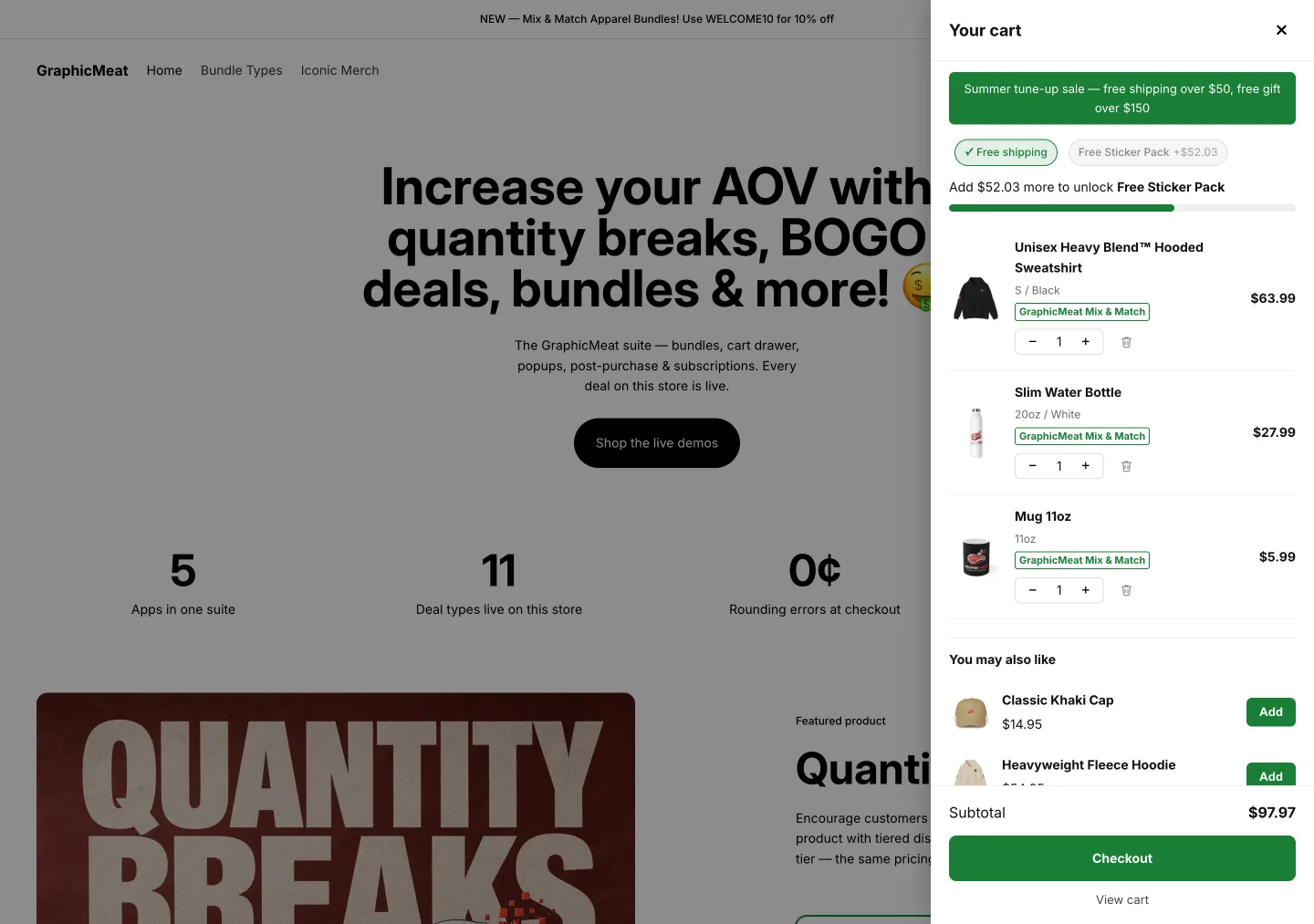 Demo store homepage with the Smart Cart drawer open: a Summer tune-up sale announcement, a Free shipping chip marked earned, a Free Sticker Pack chip $52.03 away, a progress bar, three cart lines labelled GraphicMeat Mix & Match with quantity steppers, a You may also like section with Add buttons, and a $97.97 subtotal above a Checkout button