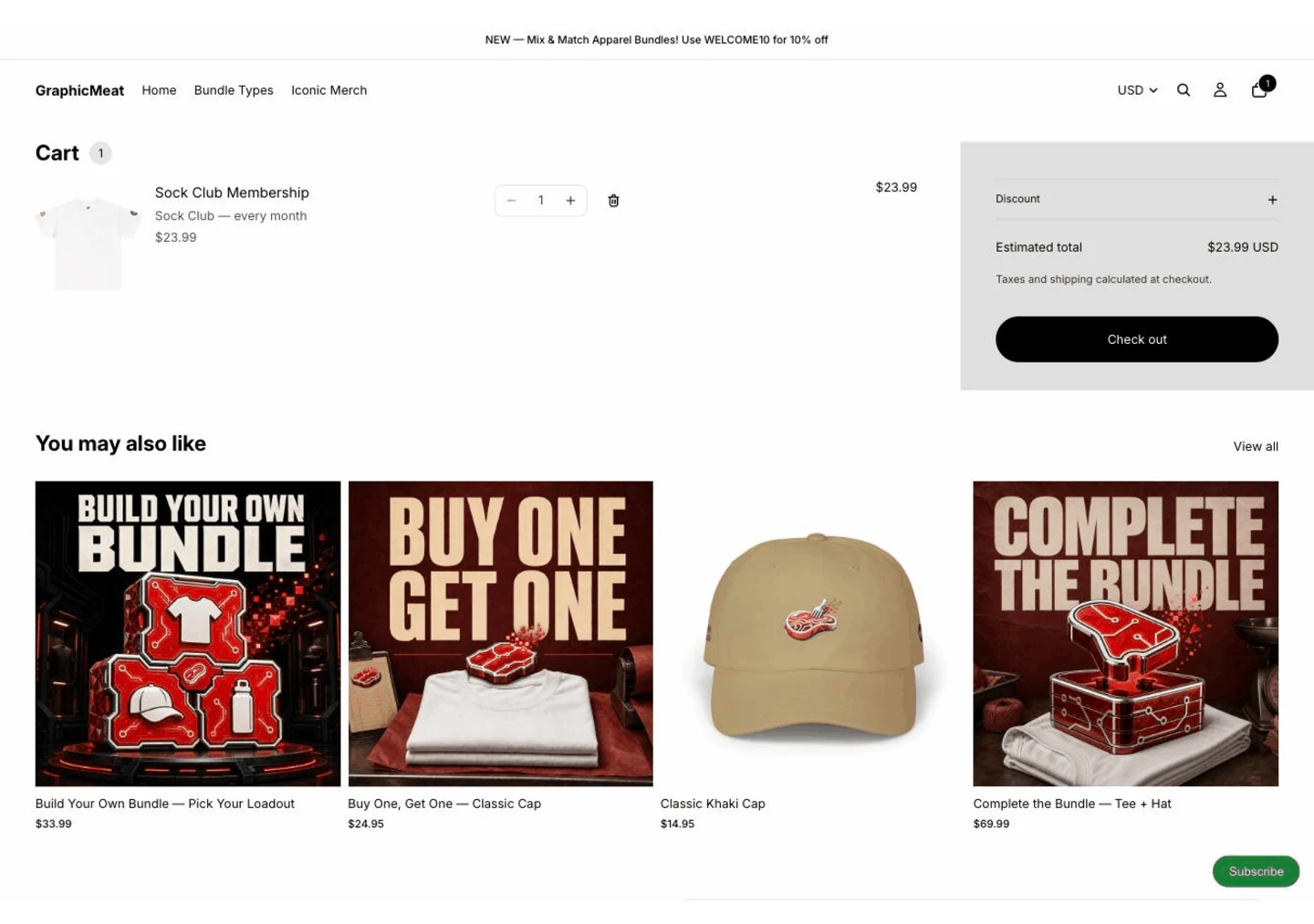 Cart page with a Sock Club Membership line showing the selling plan Sock Club, every month at $23.99