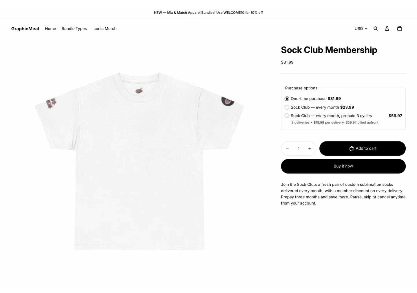 Sock Club Membership product page with the Purchase options block: one-time purchase $31.99, Sock Club every month $23.99, and a prepaid three-cycle plan at $59.97