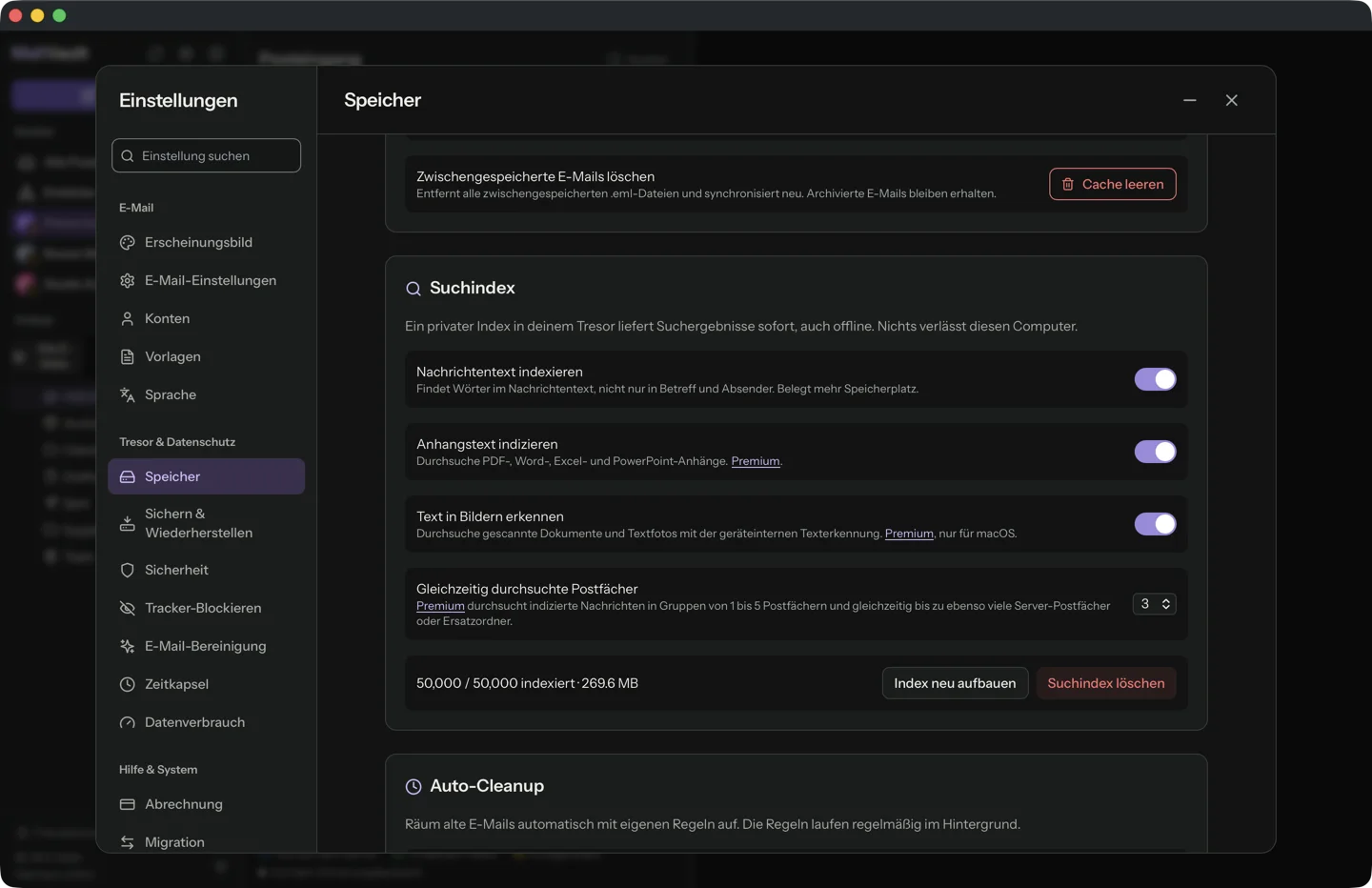 MailVault, Einstellungen, Tab Speicher, Karte Suchindex mit der Anzeige 50.000 / 50.000 indexiert und etwa 270 MB, dazu Schalter für Nachrichtentext, Anhangstext und Text in Bildern.