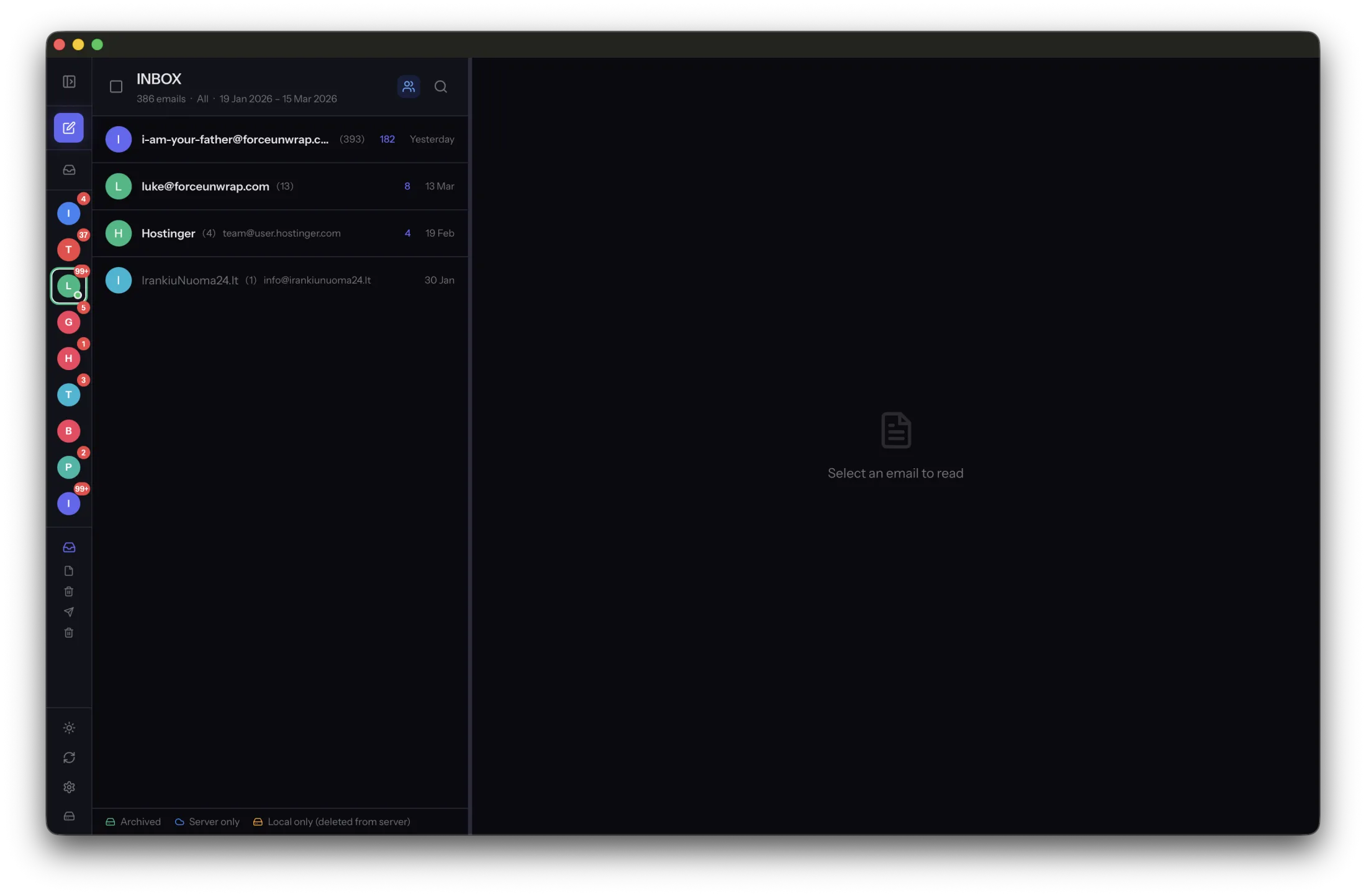 MailVault no macOS agrupando uma caixa de entrada por remetente, mostrando quantas mensagens já estão arquivadas e quantas ainda existem apenas no servidor