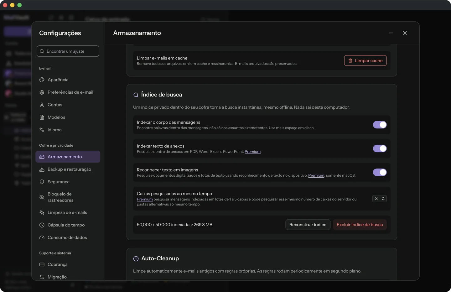 MailVault, Configurações, aba Armazenamento, cartão Índice de busca mostrando 50.000 / 50.000 indexadas e cerca de 270 MB, com interruptores para o corpo das mensagens, o texto dos anexos e o texto em imagens.