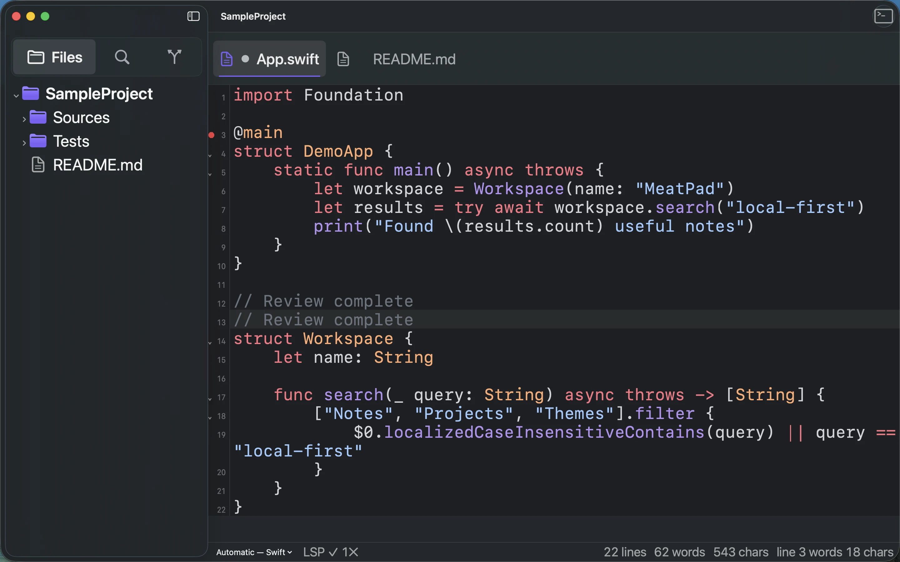 MeatPad version 0.31.4 en — Project editor after recording and replaying a comment insertion macro.