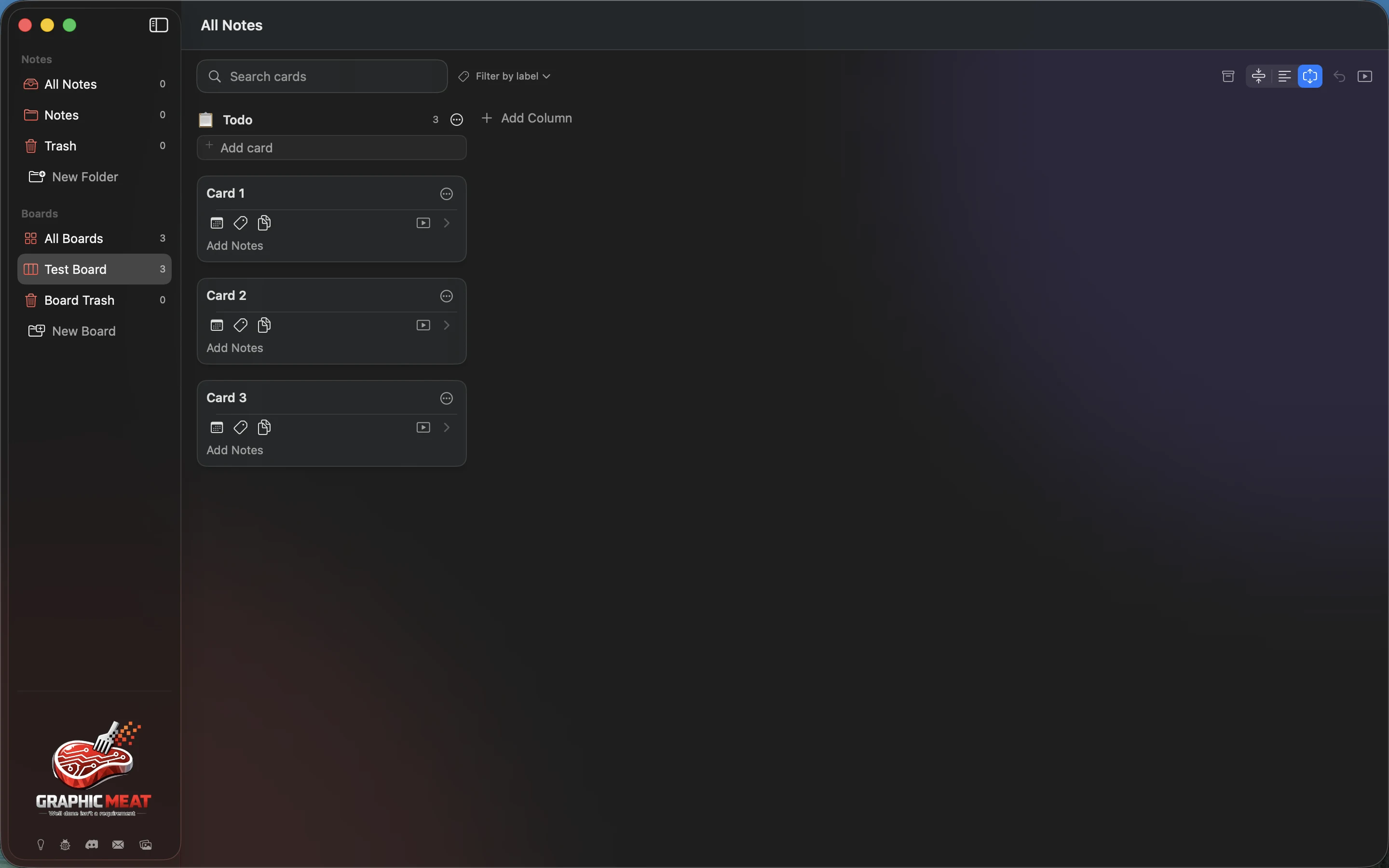 MeatPad version 0.31.4 en — Three synthetic cards restored after Archive All Cards and Undo.