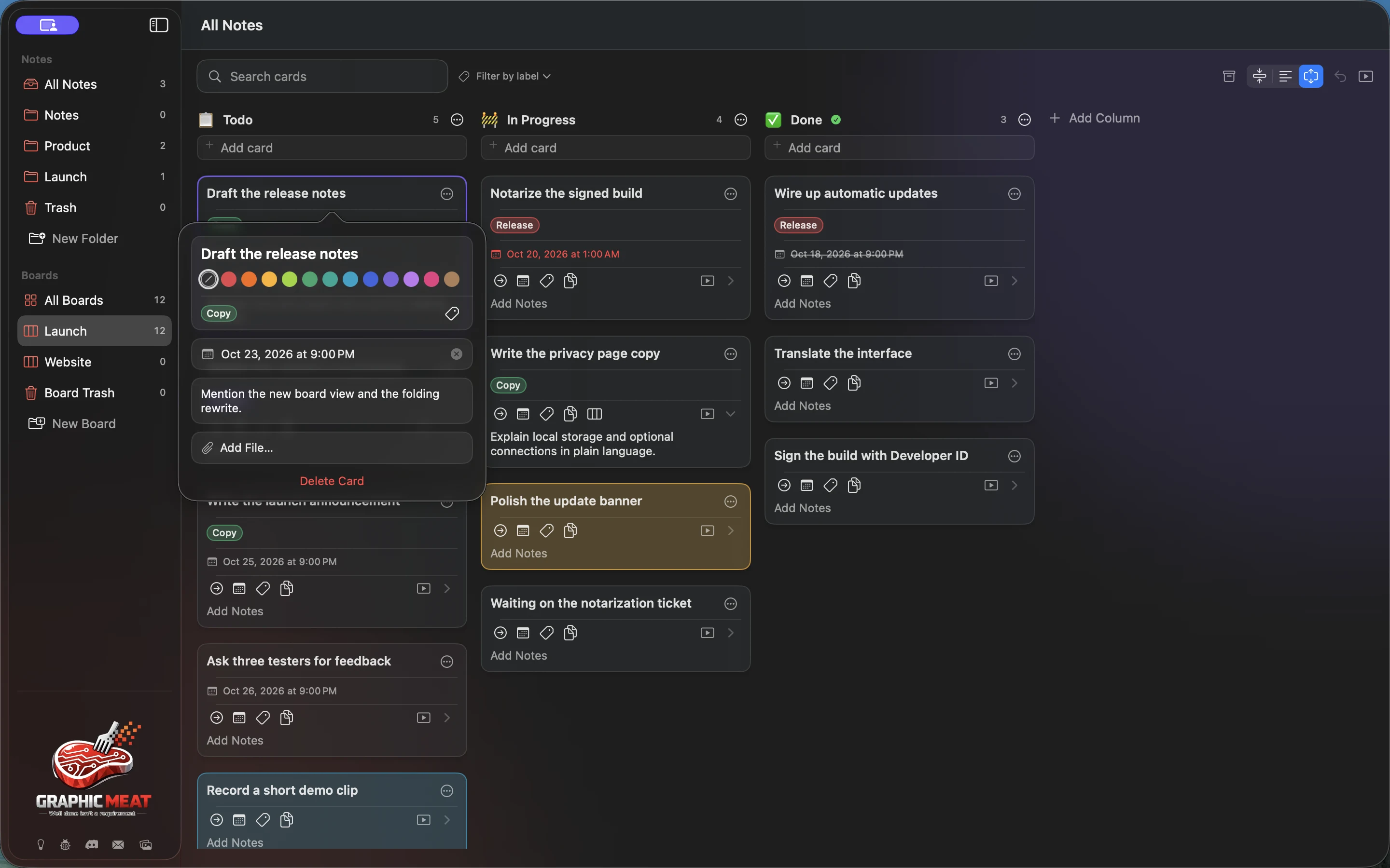 MeatPad version 0.31.4 en — Card editor with title, color swatches, labels, due date, notes, Add File, and Delete Card controls.