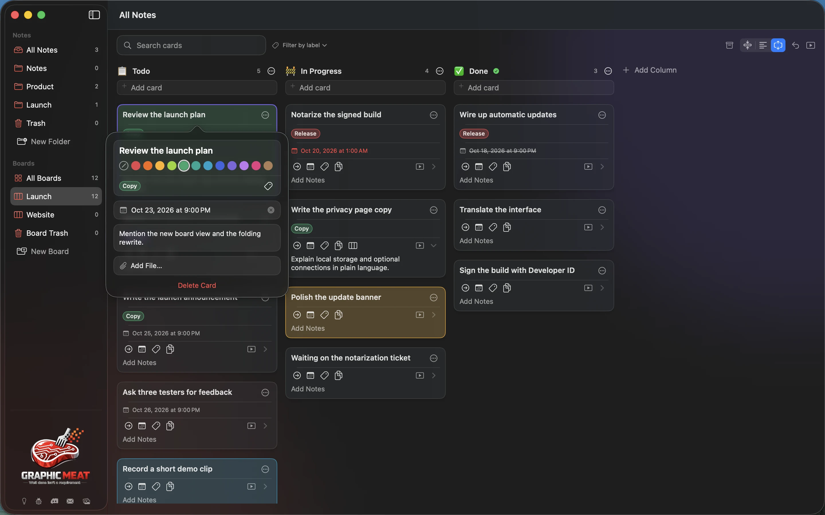 MeatPad version 0.31.4 en — Card editor after changing its title to Review the launch plan and selecting green.