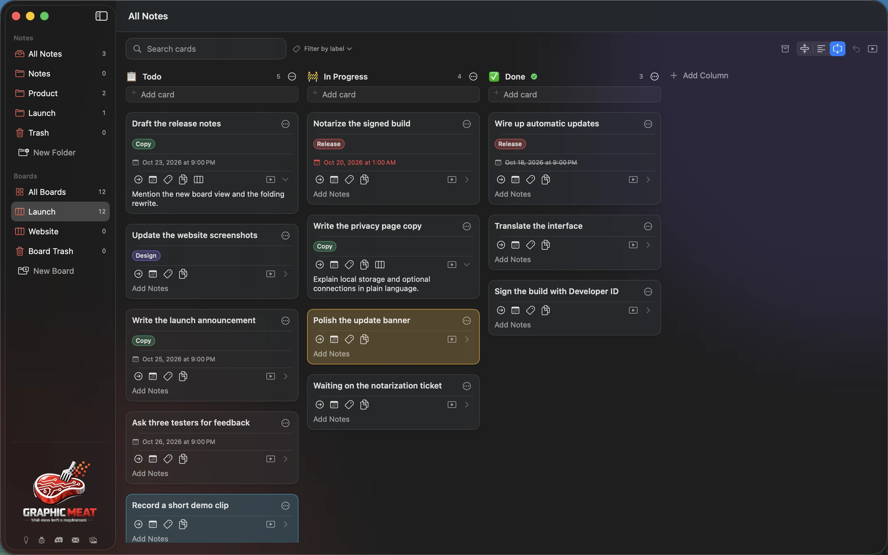 MeatPad version 0.31.4 en — Launch board with Todo, In Progress, and Done columns, labels, colors, and dates.