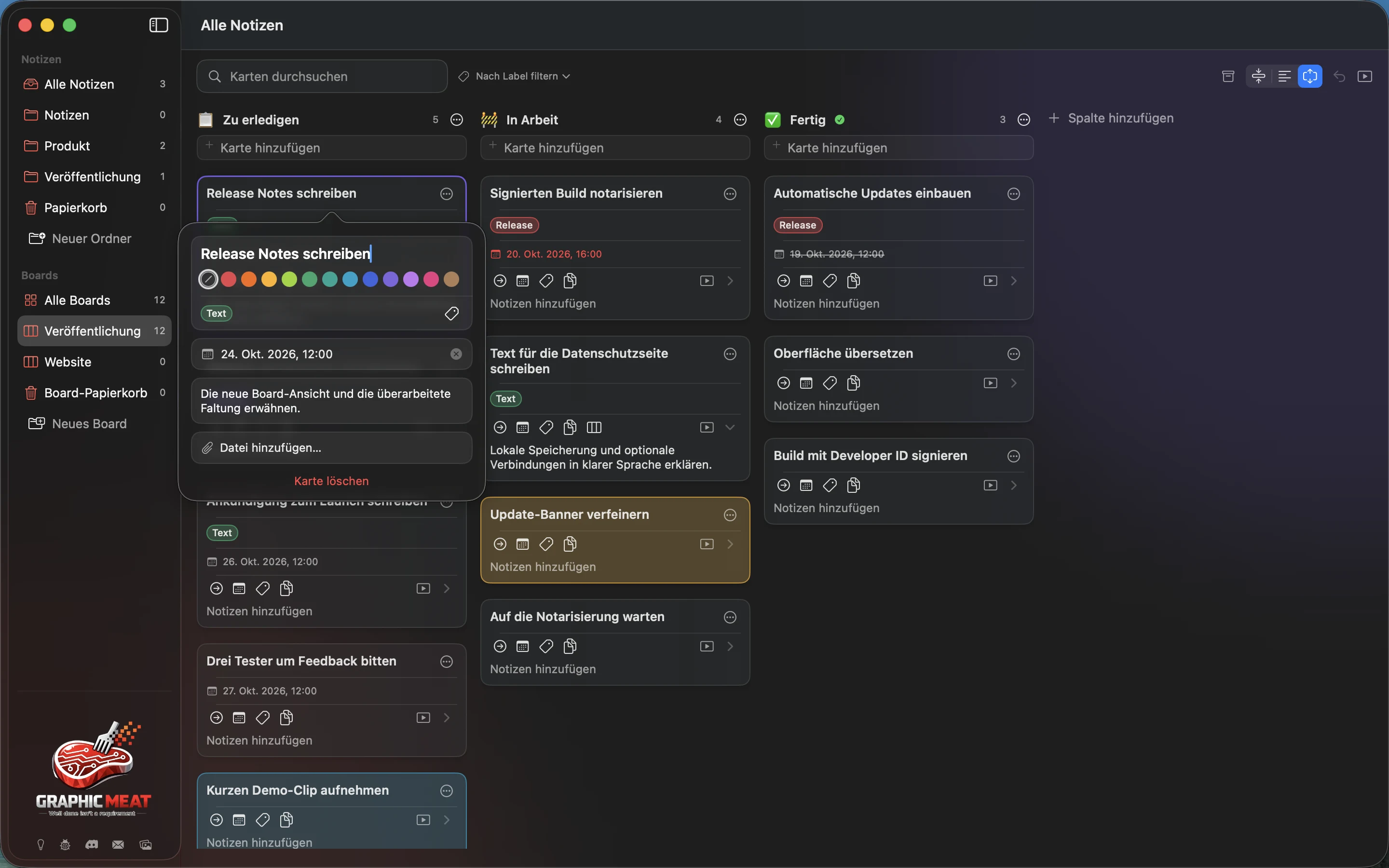 MeatPad version 0.31.4 de — Der Karteneditor mit Titel, Farben, Labels, Fälligkeitsdatum, Notizen sowie Add File und Delete Card.