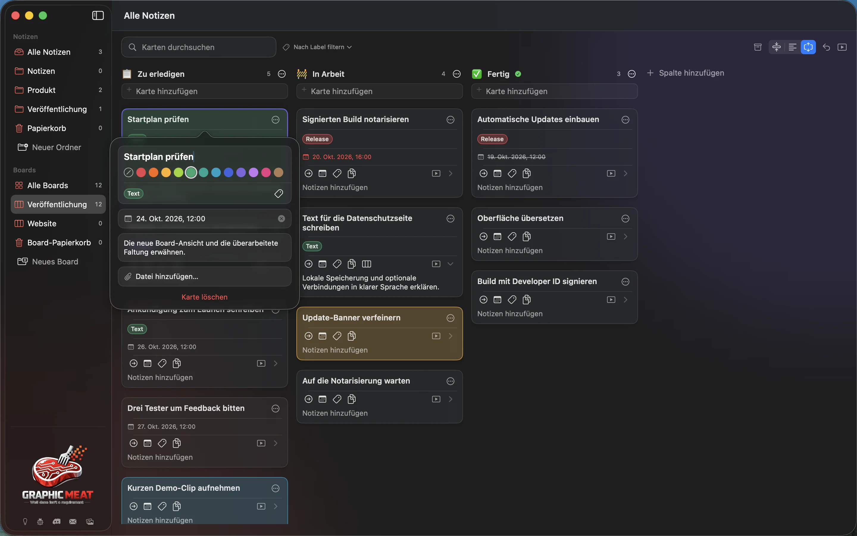 MeatPad version 0.31.4 de — Der Karteneditor nach Änderung des Titels und Auswahl der grünen Farbe.