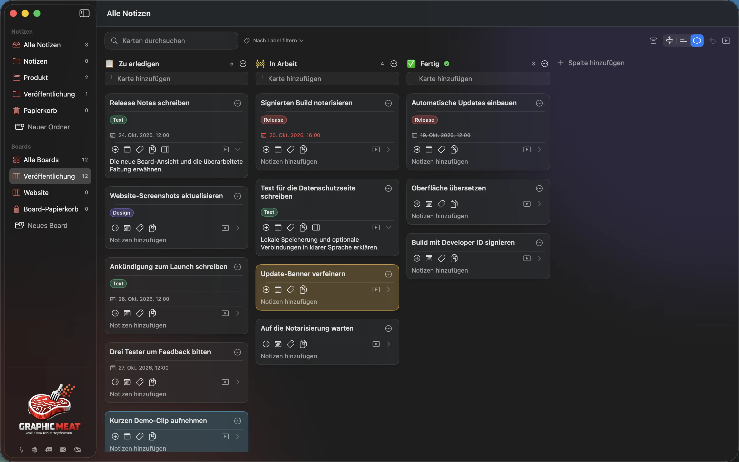 MeatPad version 0.31.4 de — Ein Startboard mit drei Arbeitsspalten, Labels, Farben und Datumsangaben.