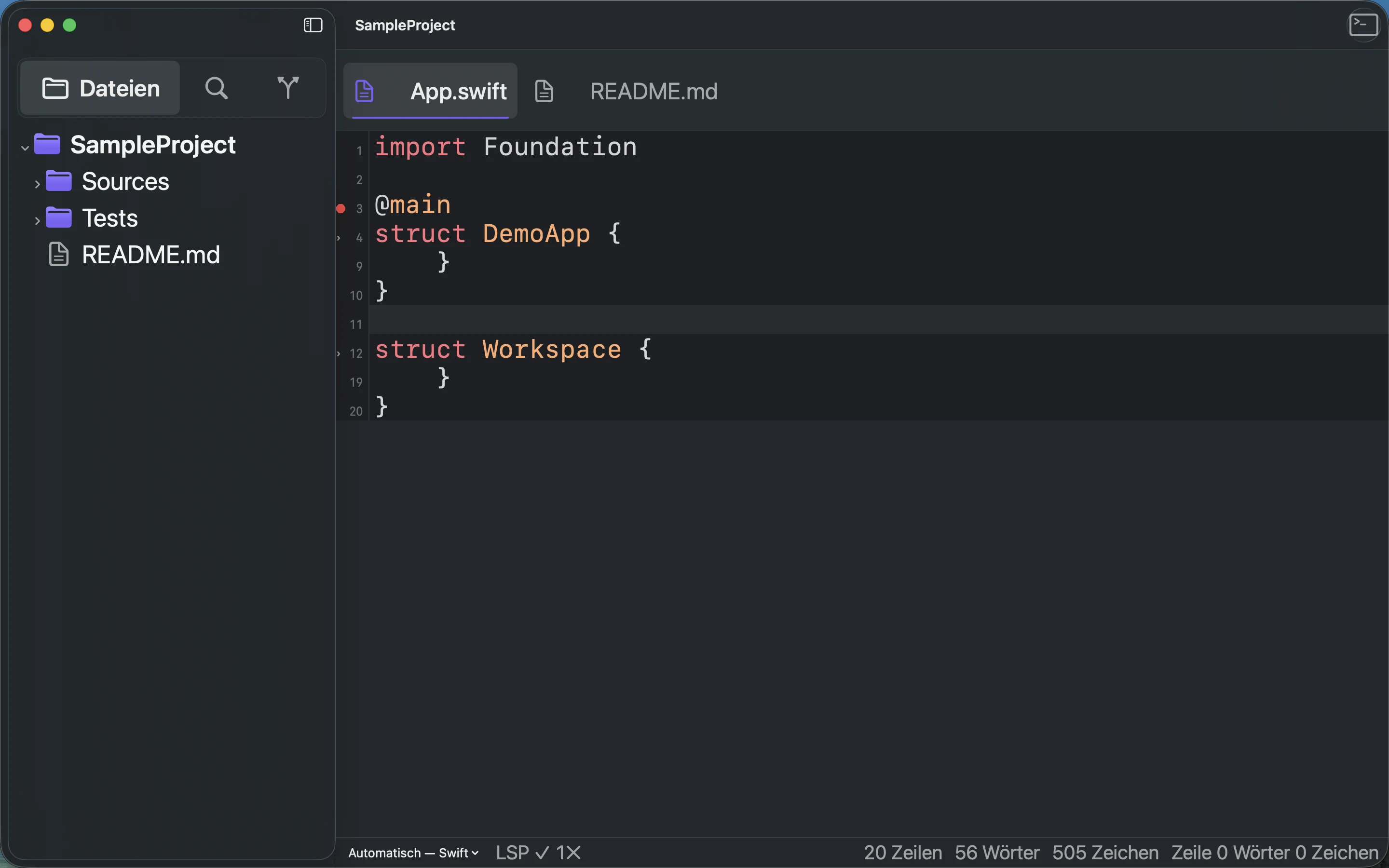MeatPad version 0.31.4 de — Swift-Quelltext mit eingeklappten DemoApp- und Workspace-Strukturen.