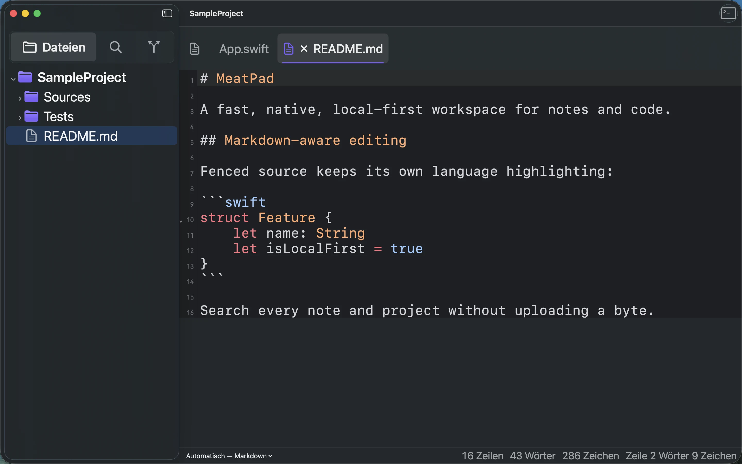 MeatPad version 0.31.4 de — Der Markdown-Editor mit einem abgegrenzten Swift-Codeblock.