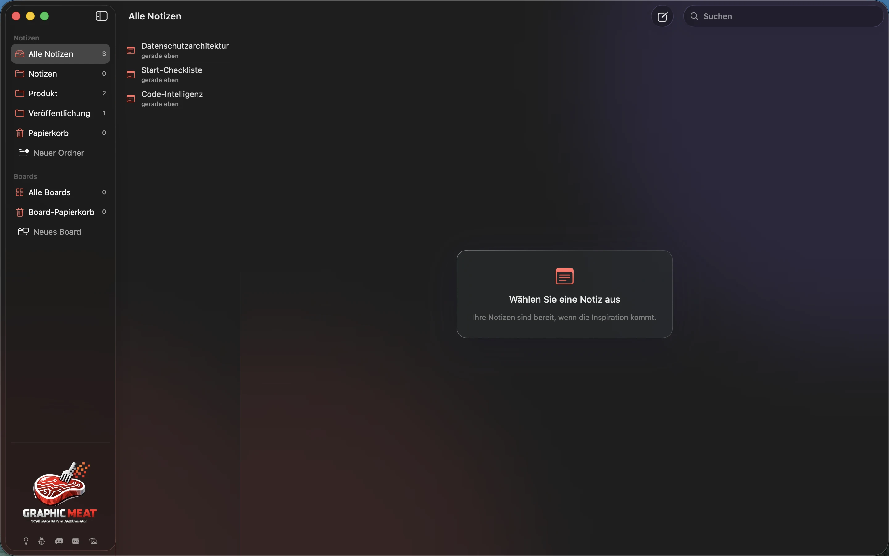 MeatPad version 0.31.4 de — Die All Notes-Bibliothek mit drei Beispielnotizen und einem leeren Detailbereich.