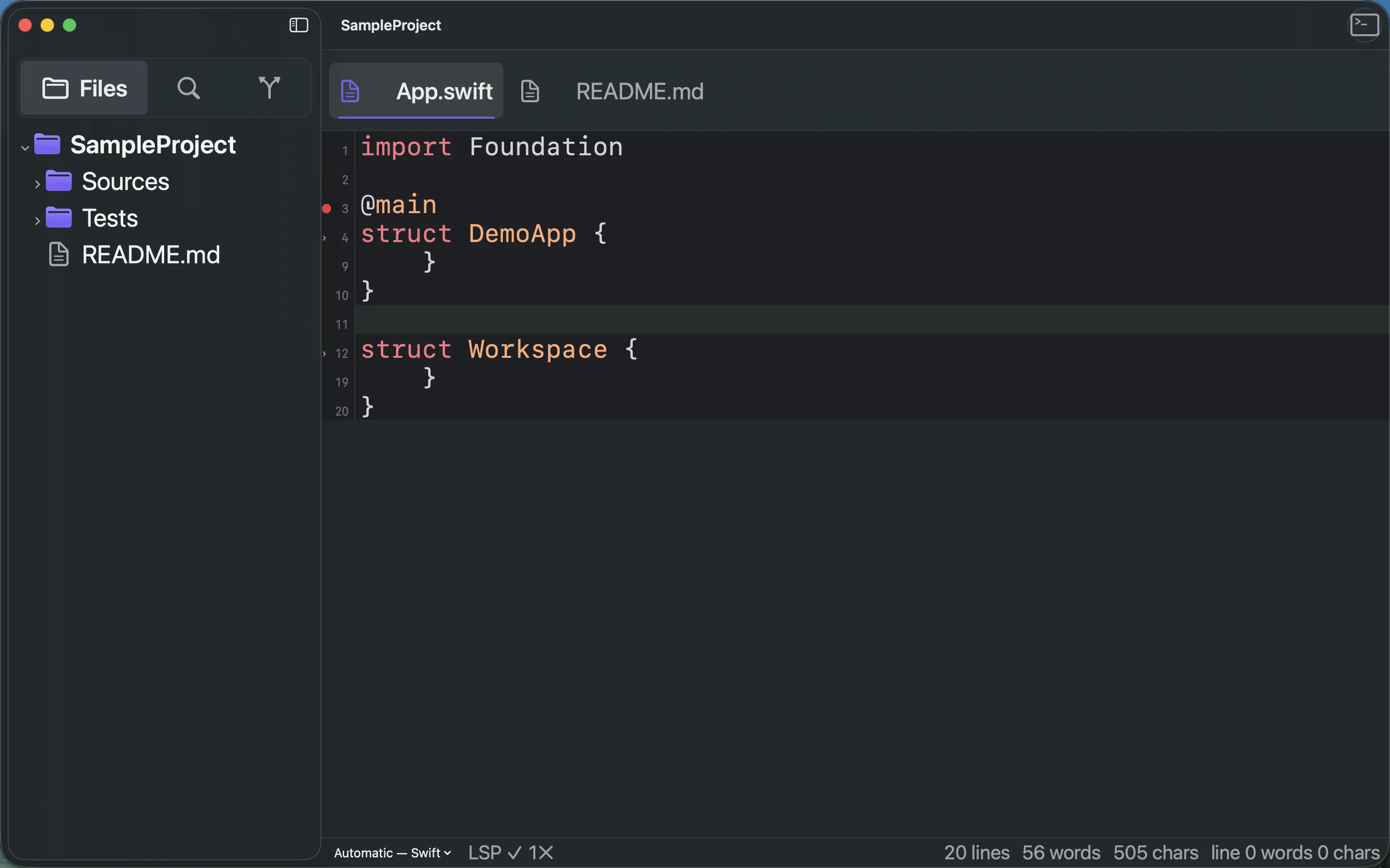 MeatPad version 0.31.4 en — Swift source with the DemoApp and Workspace structures folded.