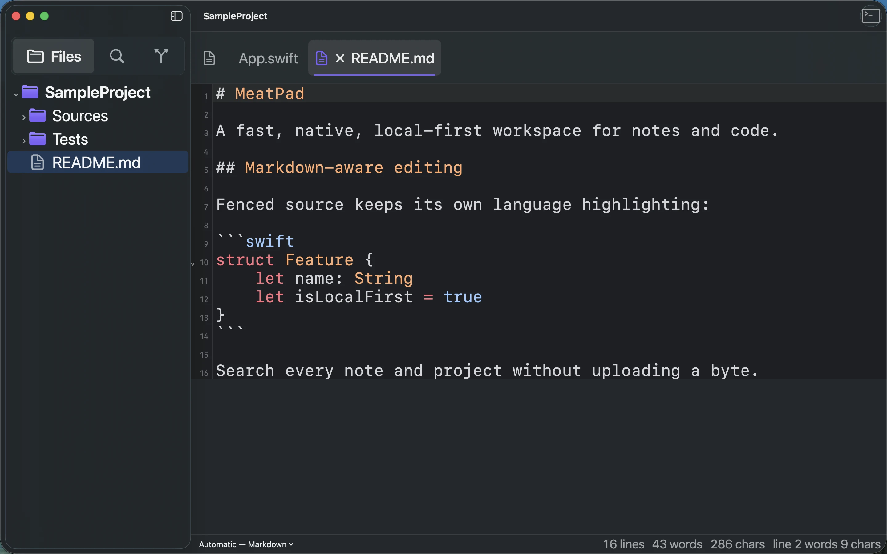 MeatPad version 0.31.4 en — MeatPad Markdown editor with a fenced Swift code block.