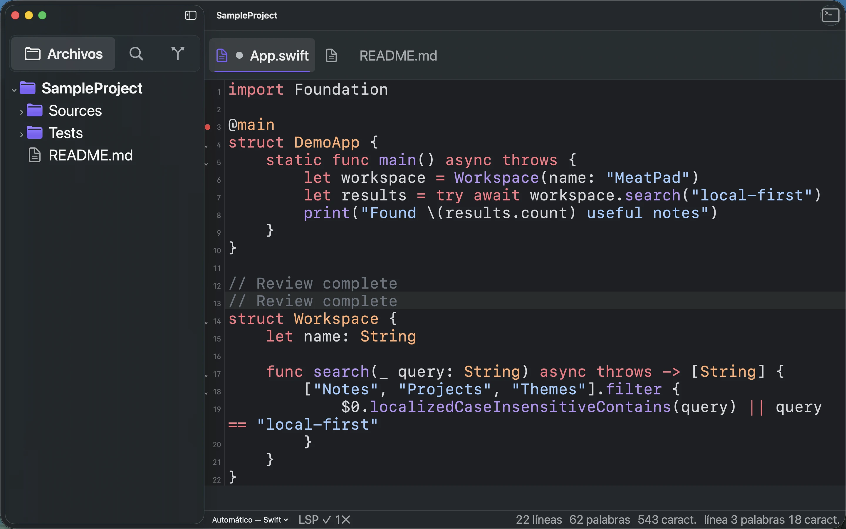 MeatPad version 0.31.4 es — El editor del proyecto después de grabar y reproducir una macro que inserta un comentario.