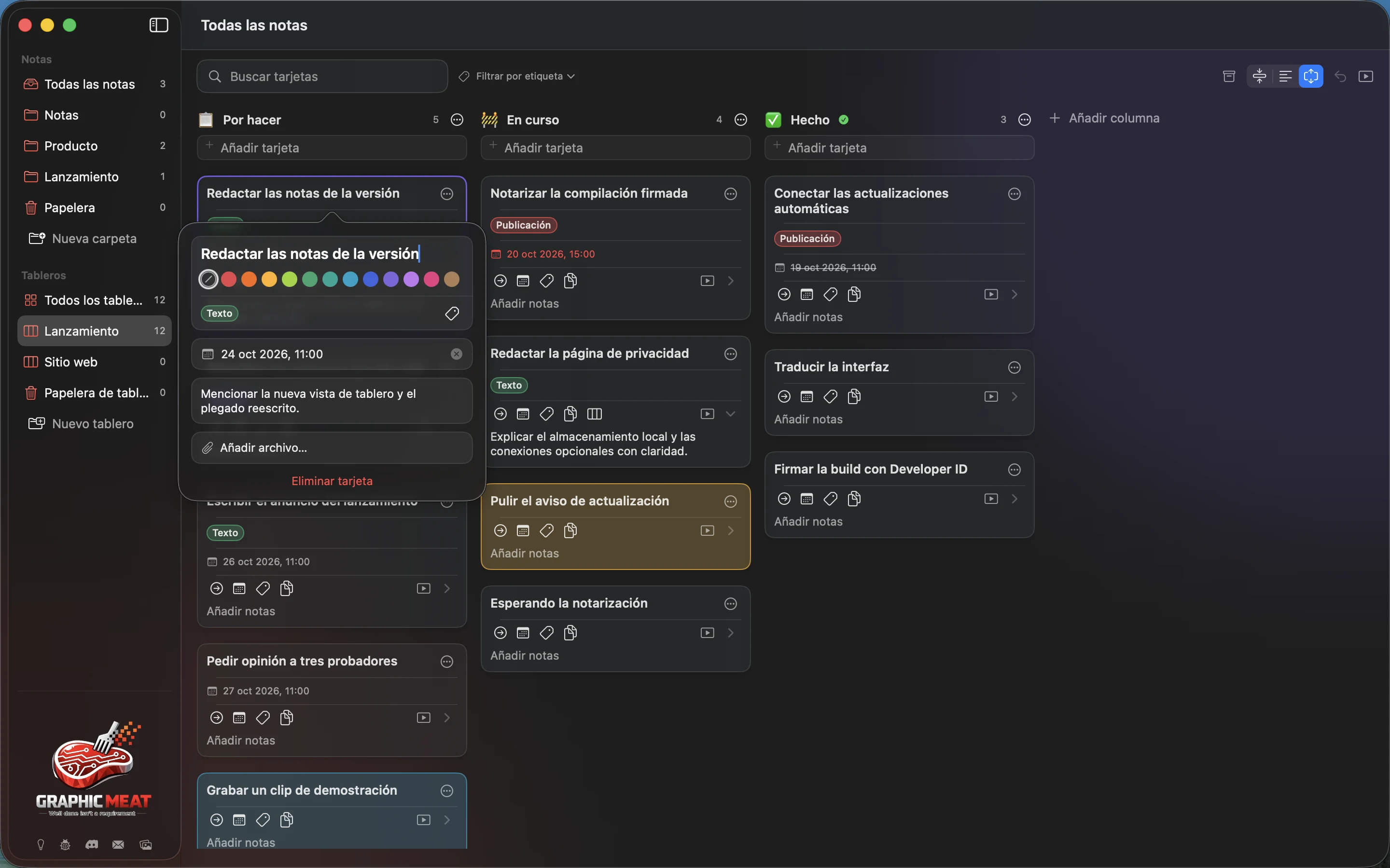 MeatPad version 0.31.4 es — El editor de tarjetas con título, colores, etiquetas, fecha límite, notas, Add File y Delete Card.