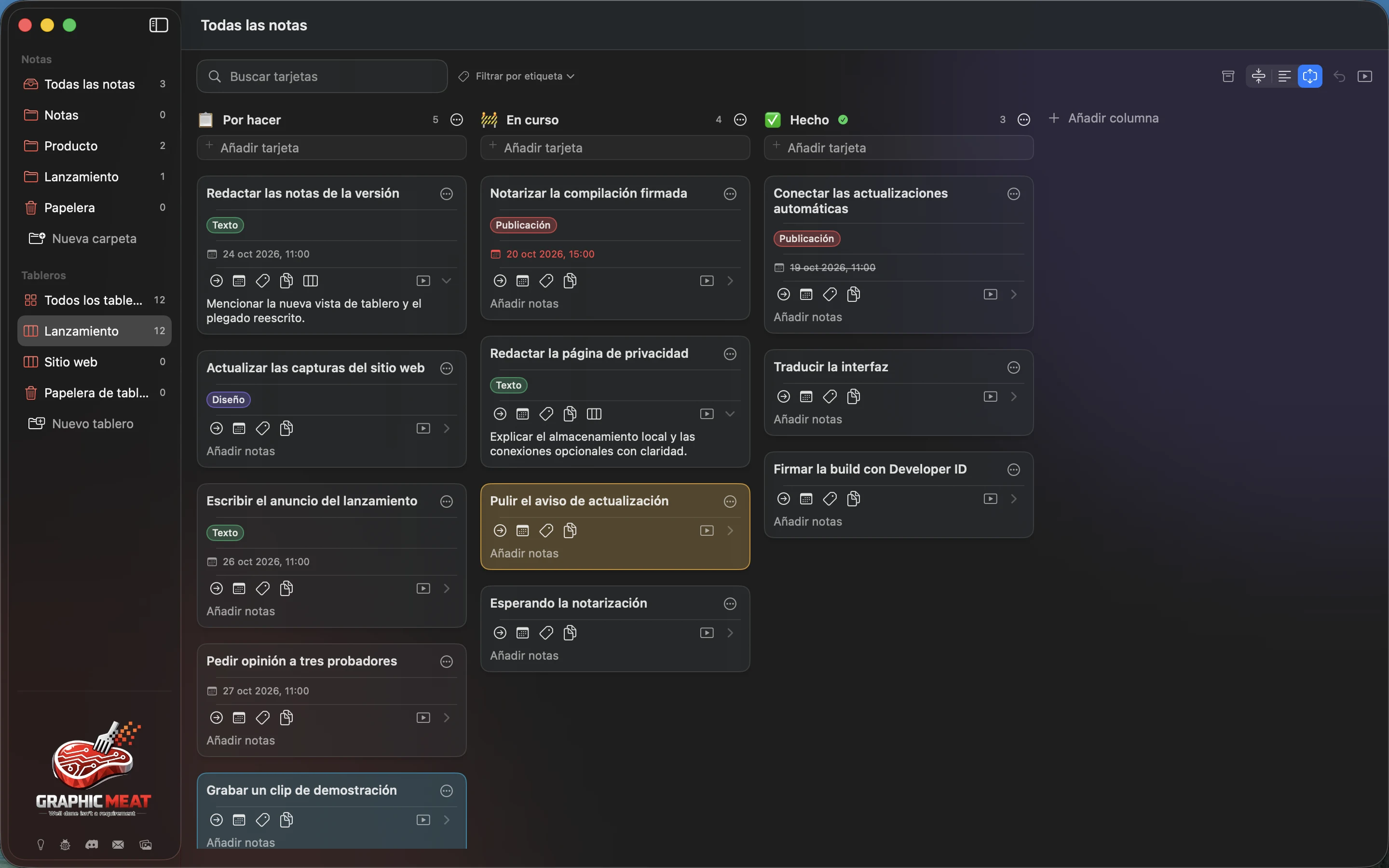 MeatPad version 0.31.4 es — Un tablero de lanzamiento con tres columnas de trabajo, etiquetas, colores y fechas.