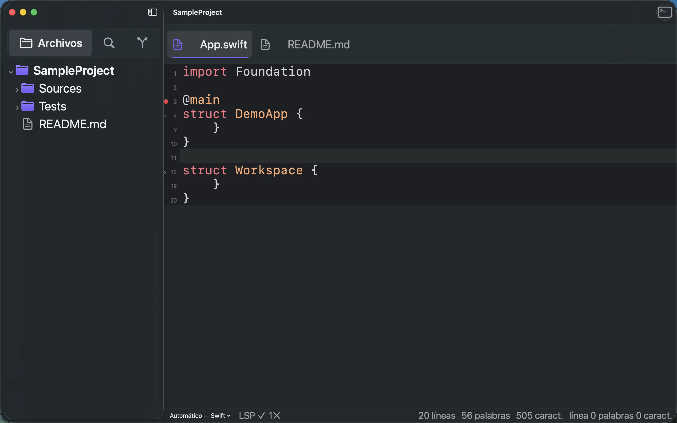MeatPad version 0.31.4 es — Código Swift con las estructuras DemoApp y Workspace plegadas.