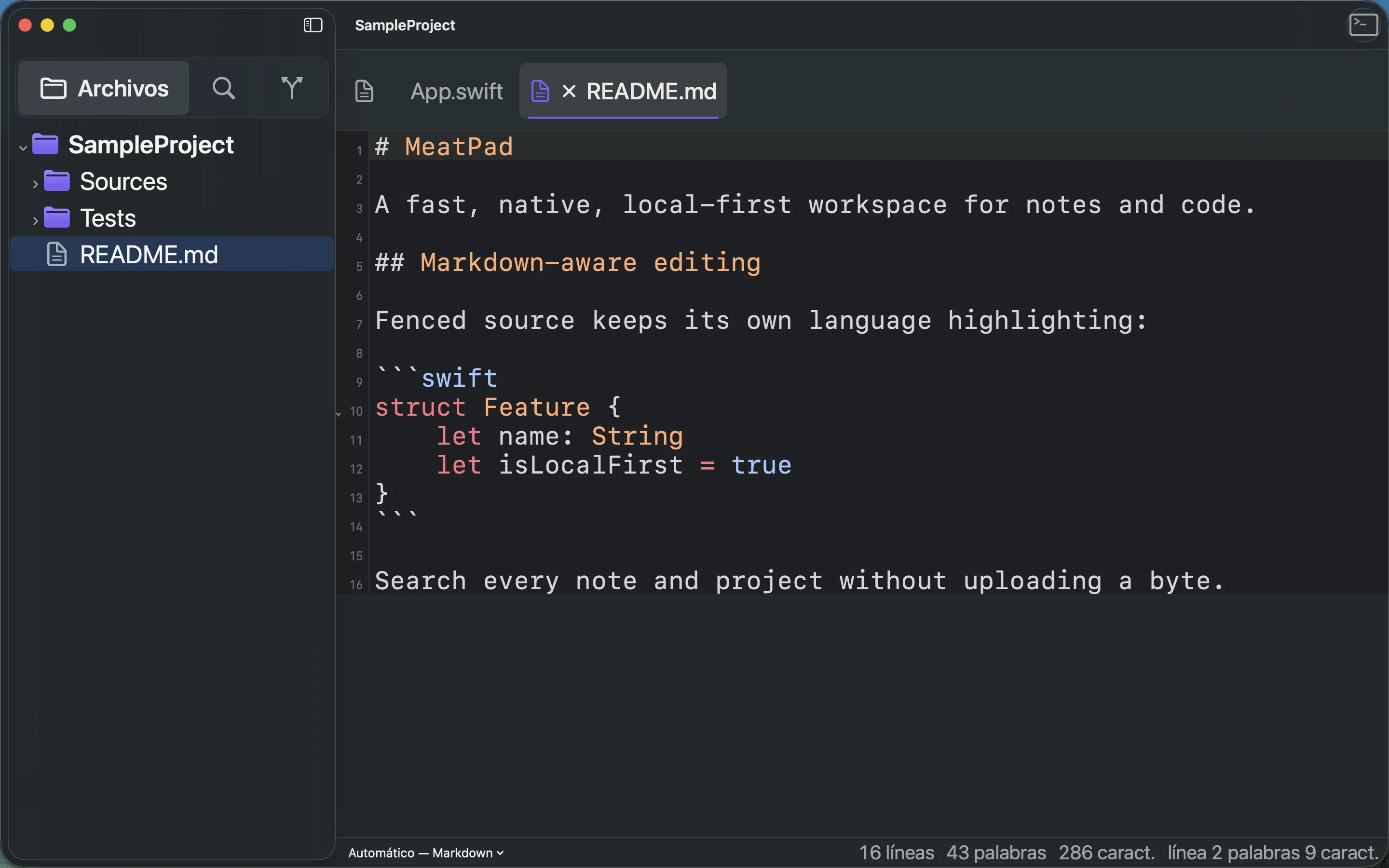MeatPad version 0.31.4 es — El editor Markdown con un bloque de código Swift delimitado.