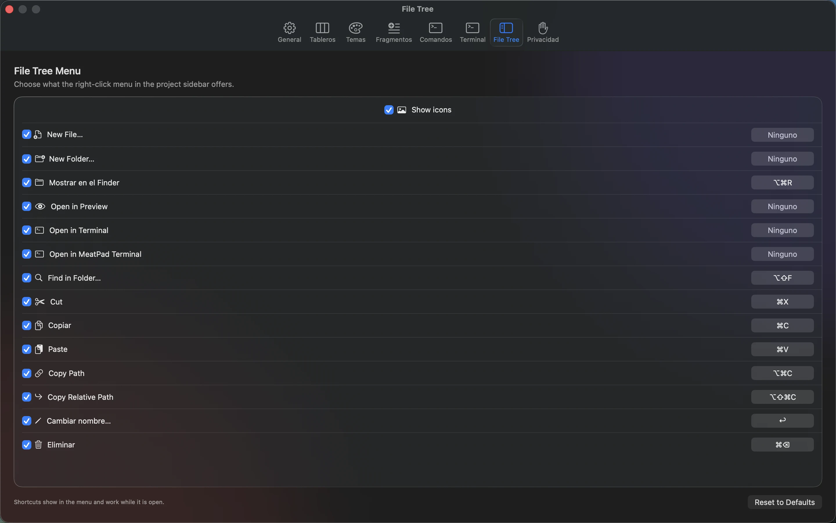 MeatPad version 0.31.4 es — Los ajustes de File Tree de MeatPad.