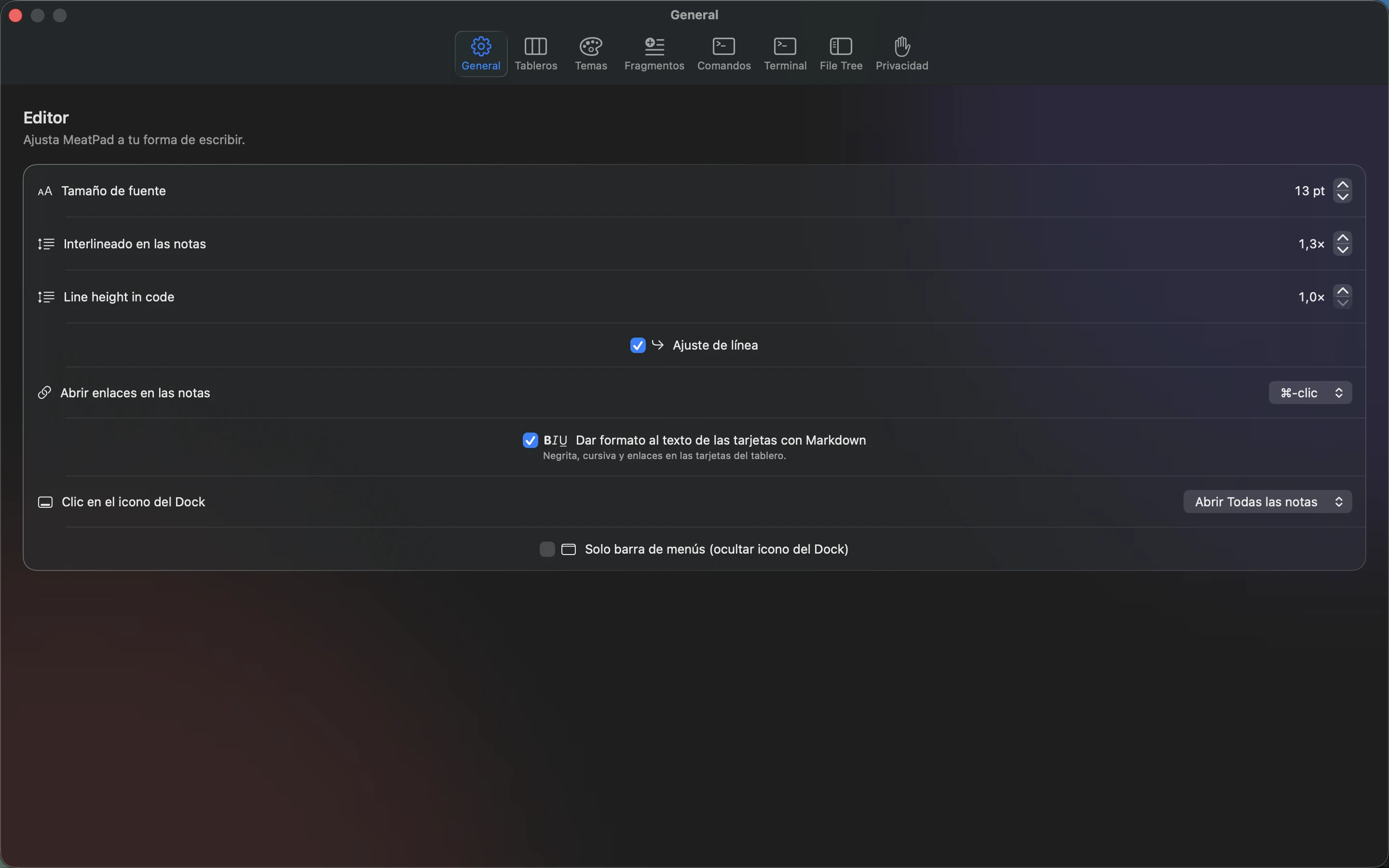 MeatPad version 0.31.4 es — Los ajustes de General de MeatPad.