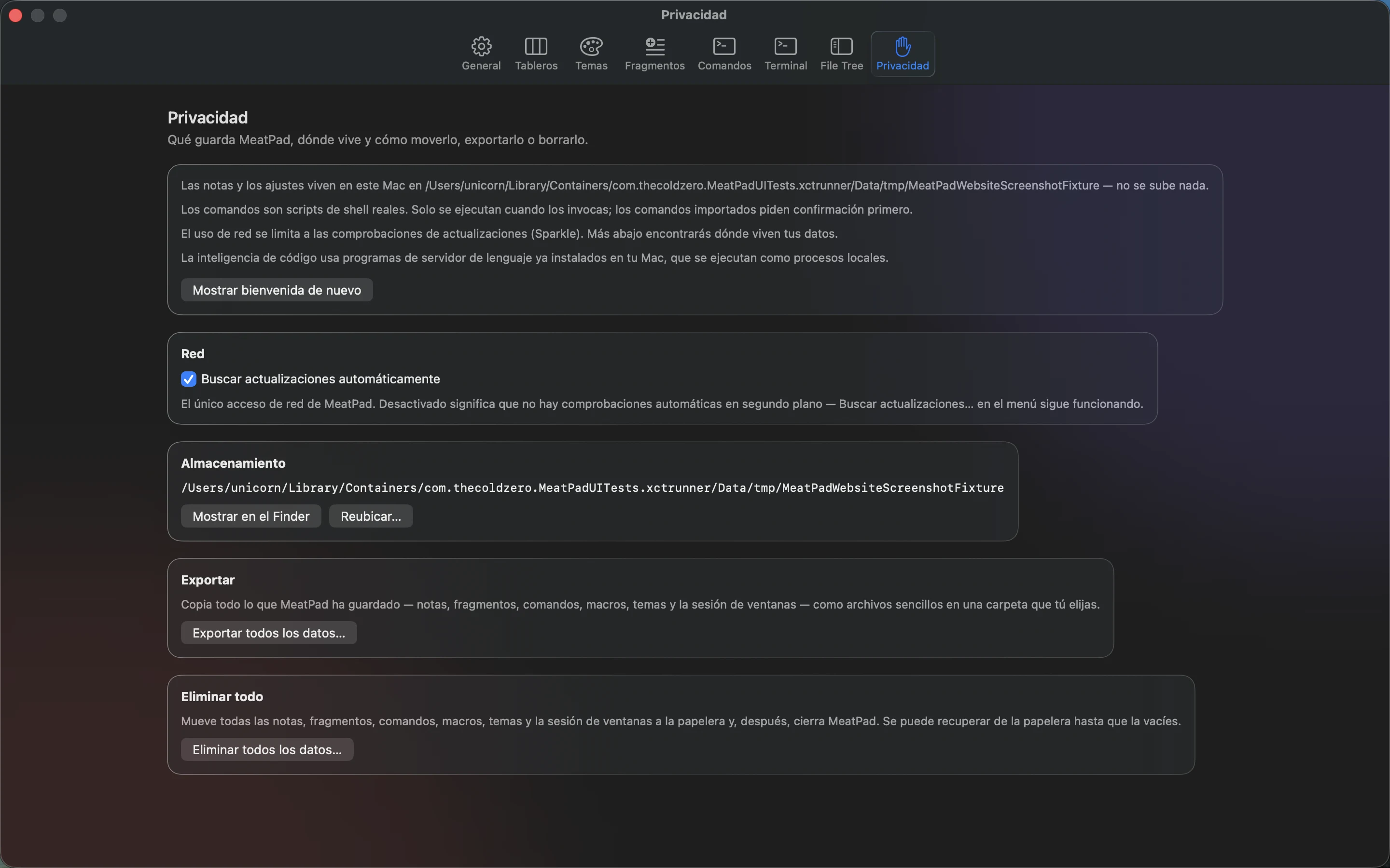 MeatPad version 0.31.4 es — Los ajustes de Privacy con opciones de actualización, almacenamiento, exportación y eliminación.