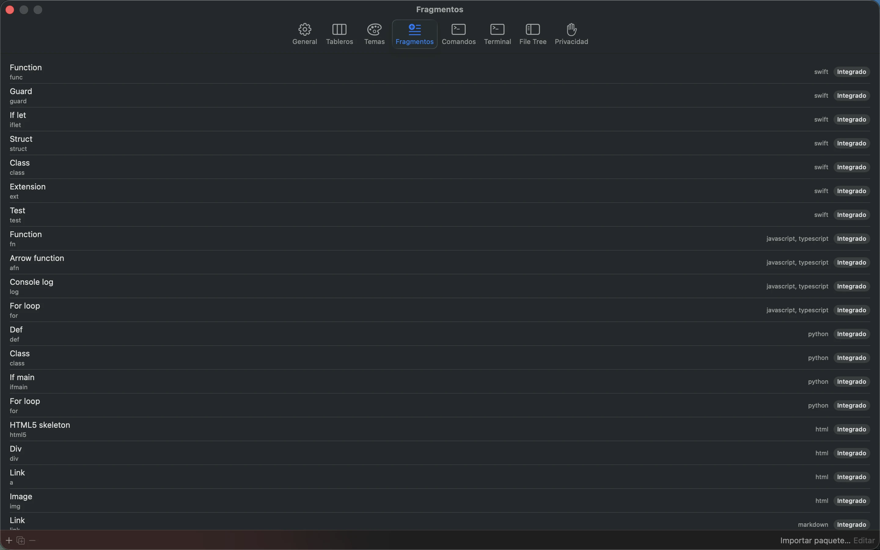 MeatPad version 0.31.4 es — Los ajustes de Snippets de MeatPad.