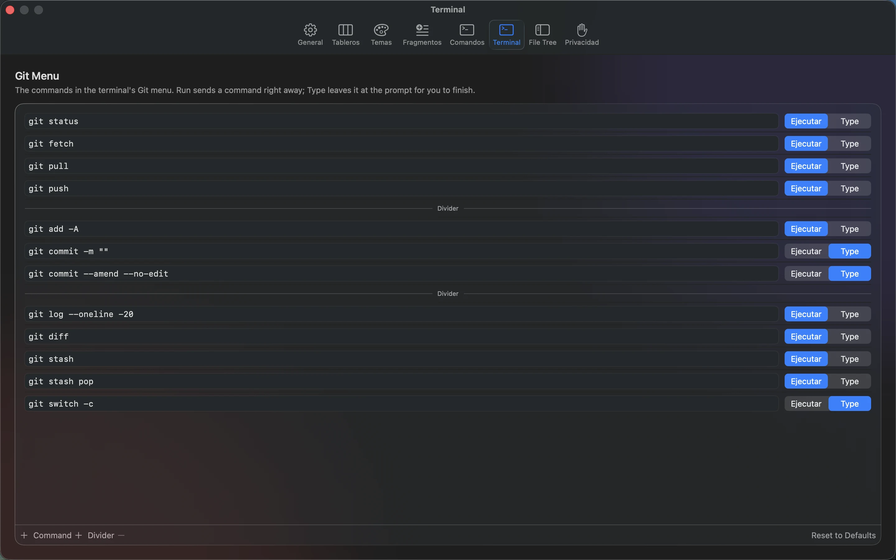 MeatPad version 0.31.4 es — Los ajustes de Terminal de MeatPad.