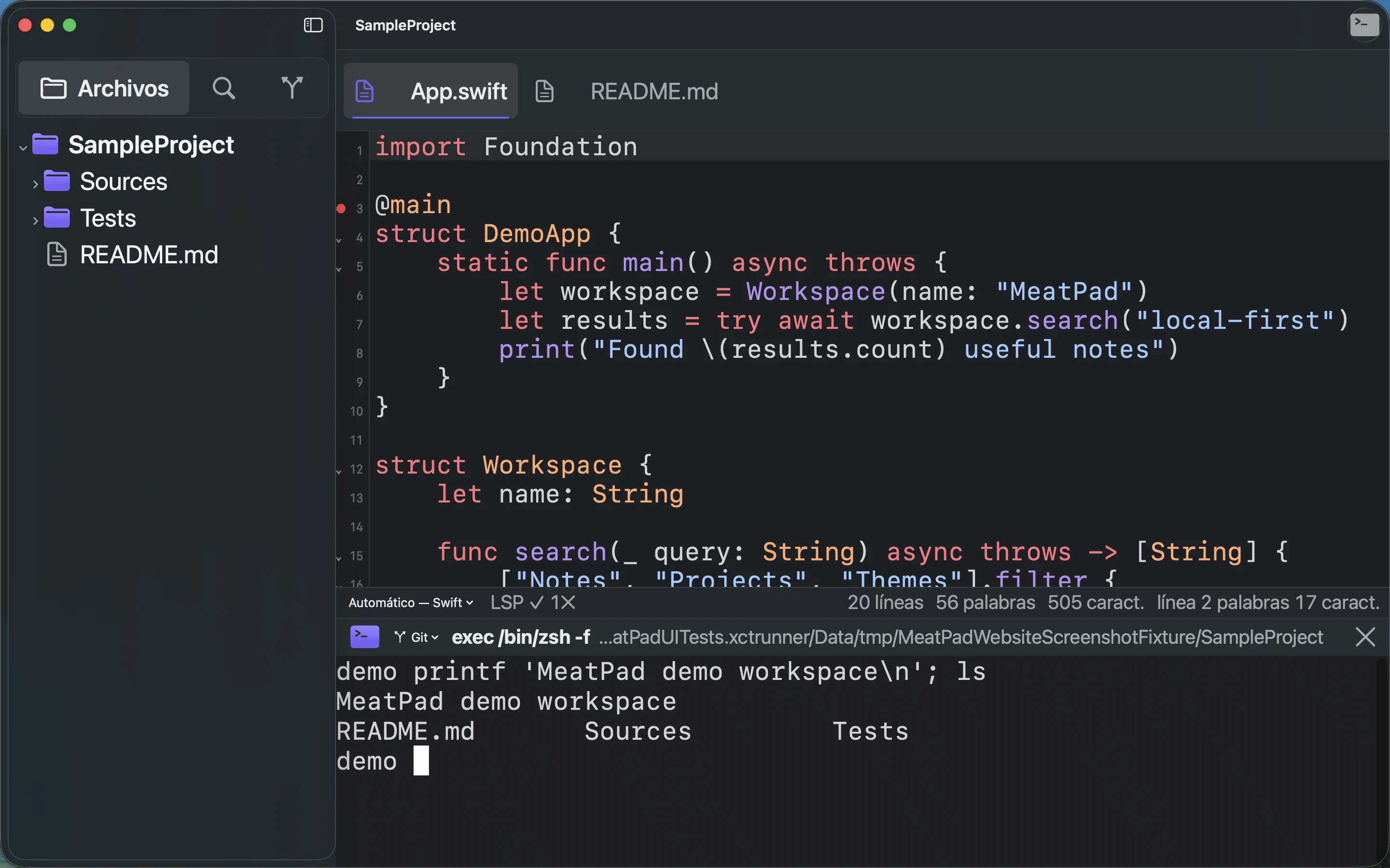 MeatPad version 0.31.4 es — El terminal del proyecto con una salida printf inocua y la lista de archivos del proyecto de ejemplo.