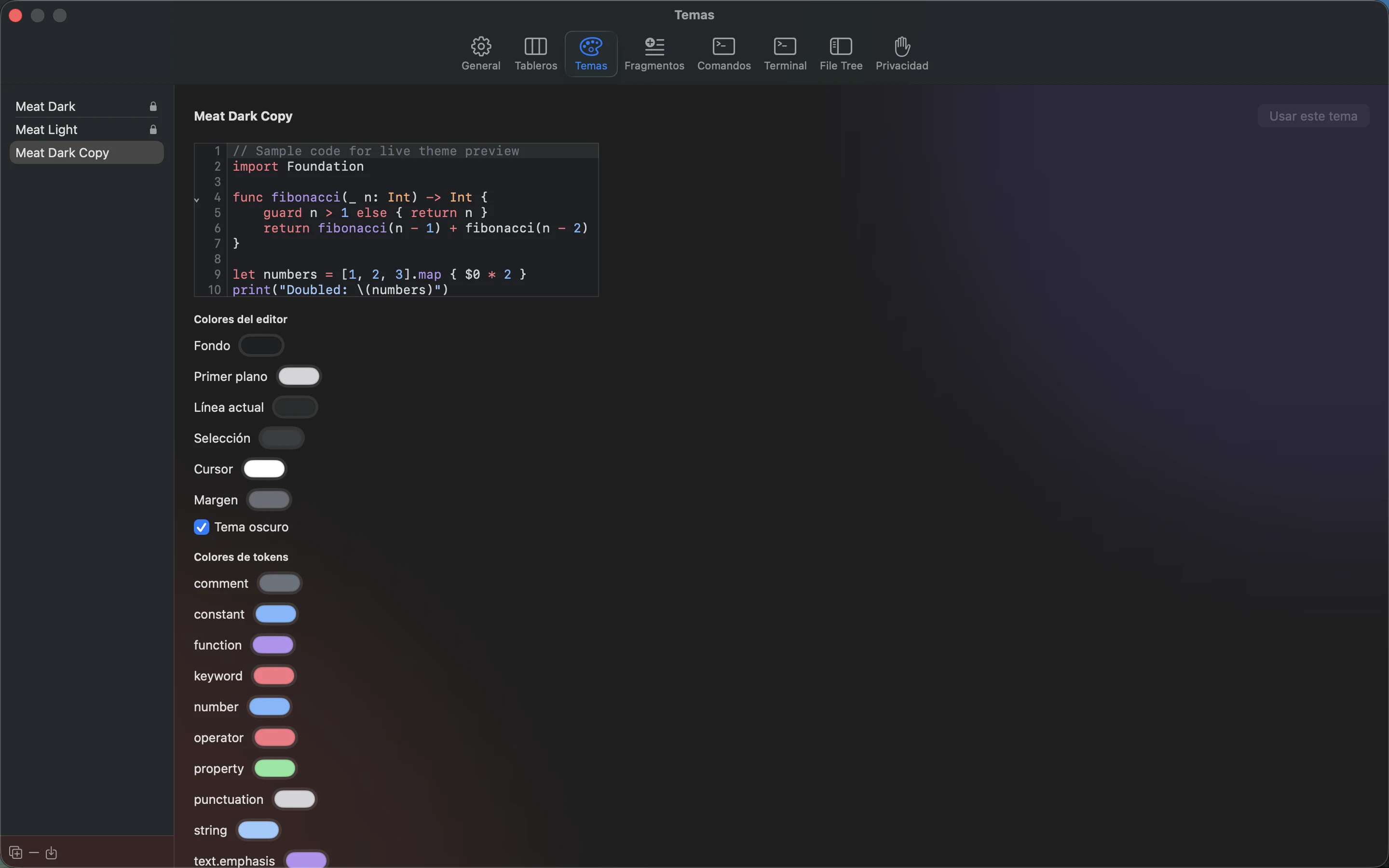 MeatPad version 0.31.4 es — Una copia editable de Meat Dark seleccionada y activada en los ajustes de Themes.