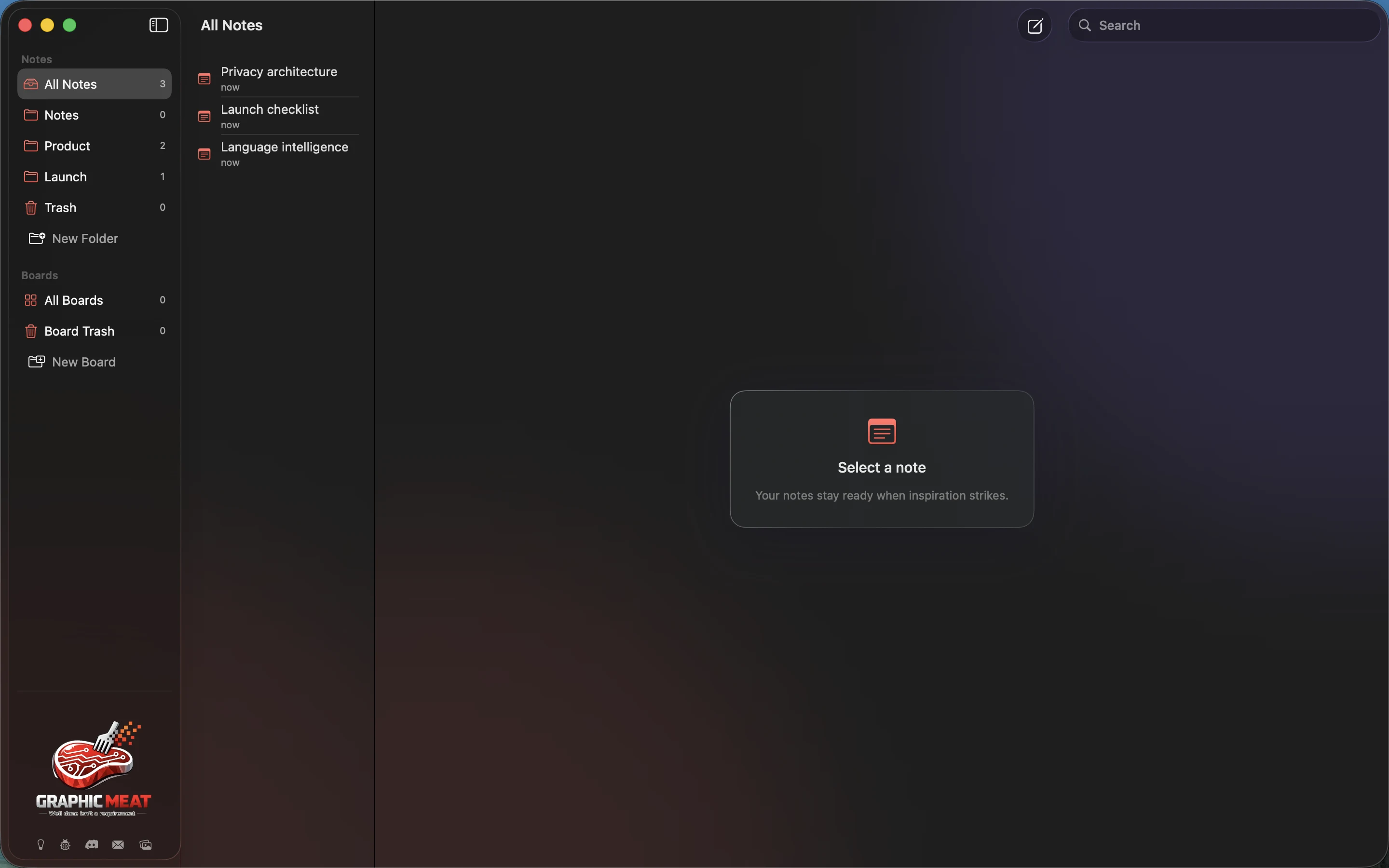 MeatPad version 0.31.4 en — All Notes library with three synthetic notes and an empty detail pane.