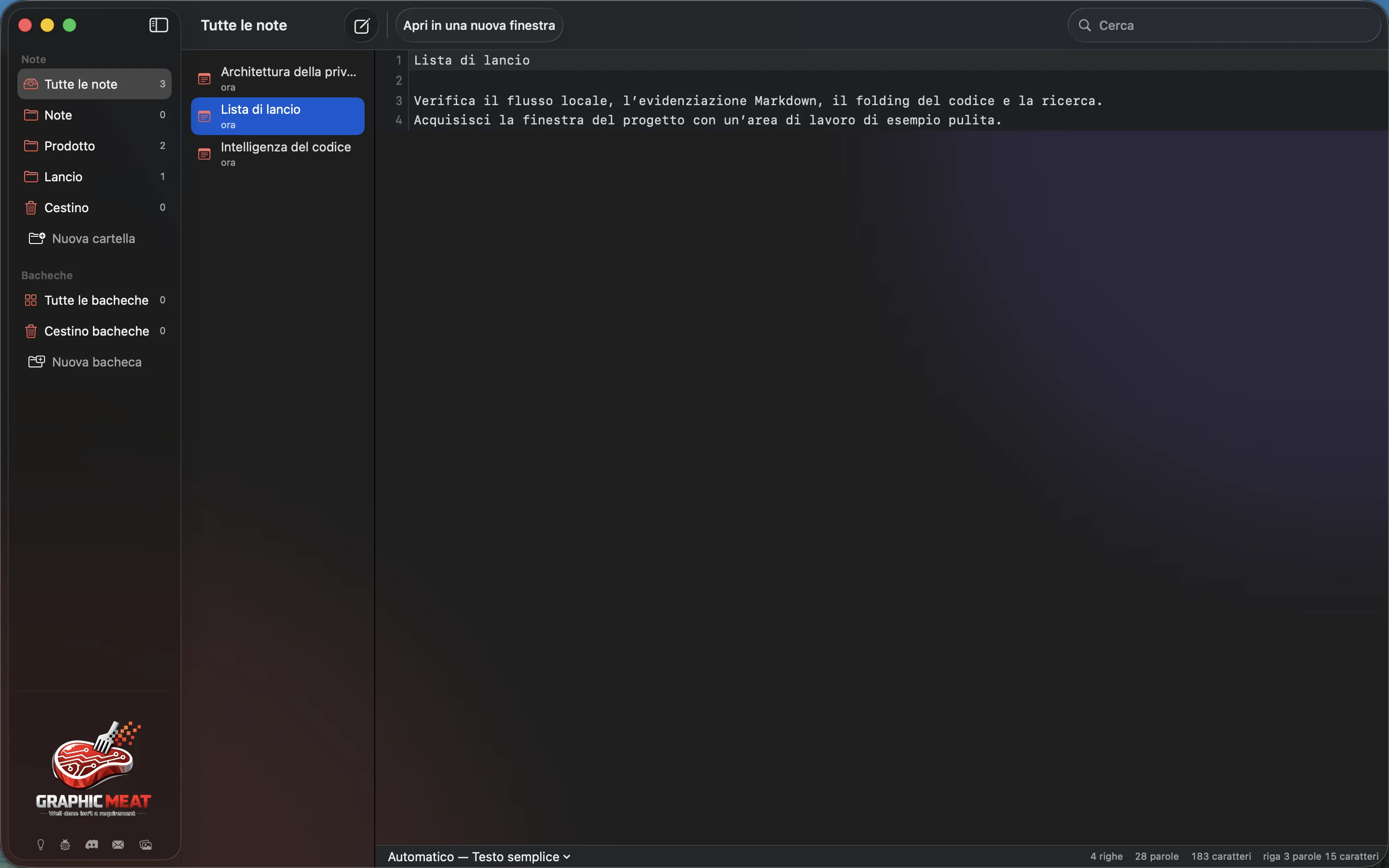 MeatPad version 0.31.4 it — La checklist di lancio selezionata, con cartelle di prodotto e lancio nella barra laterale.