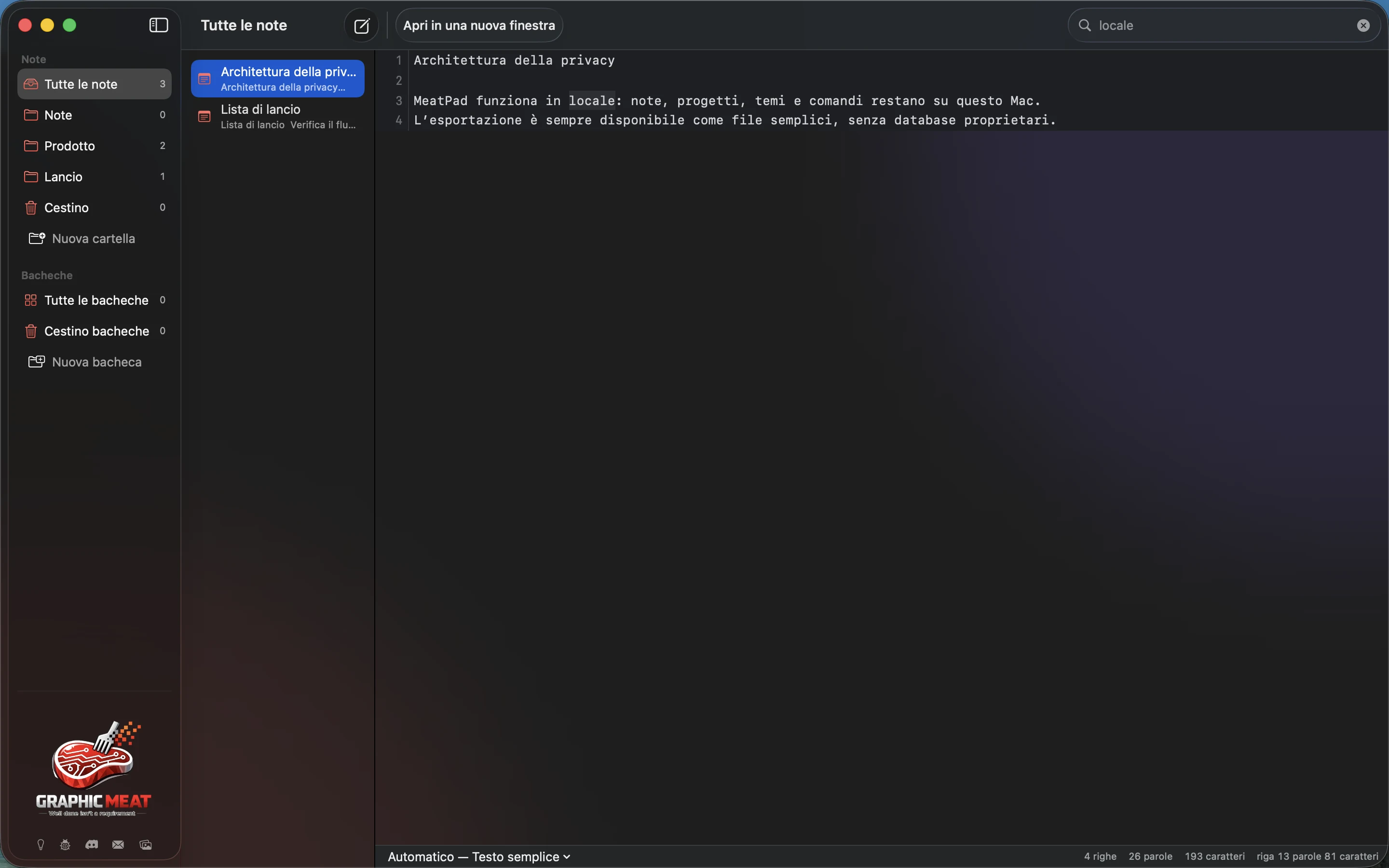 MeatPad version 0.31.4 it — La libreria di note filtrata per un termine di ricerca, con le corrispondenze evidenziate.