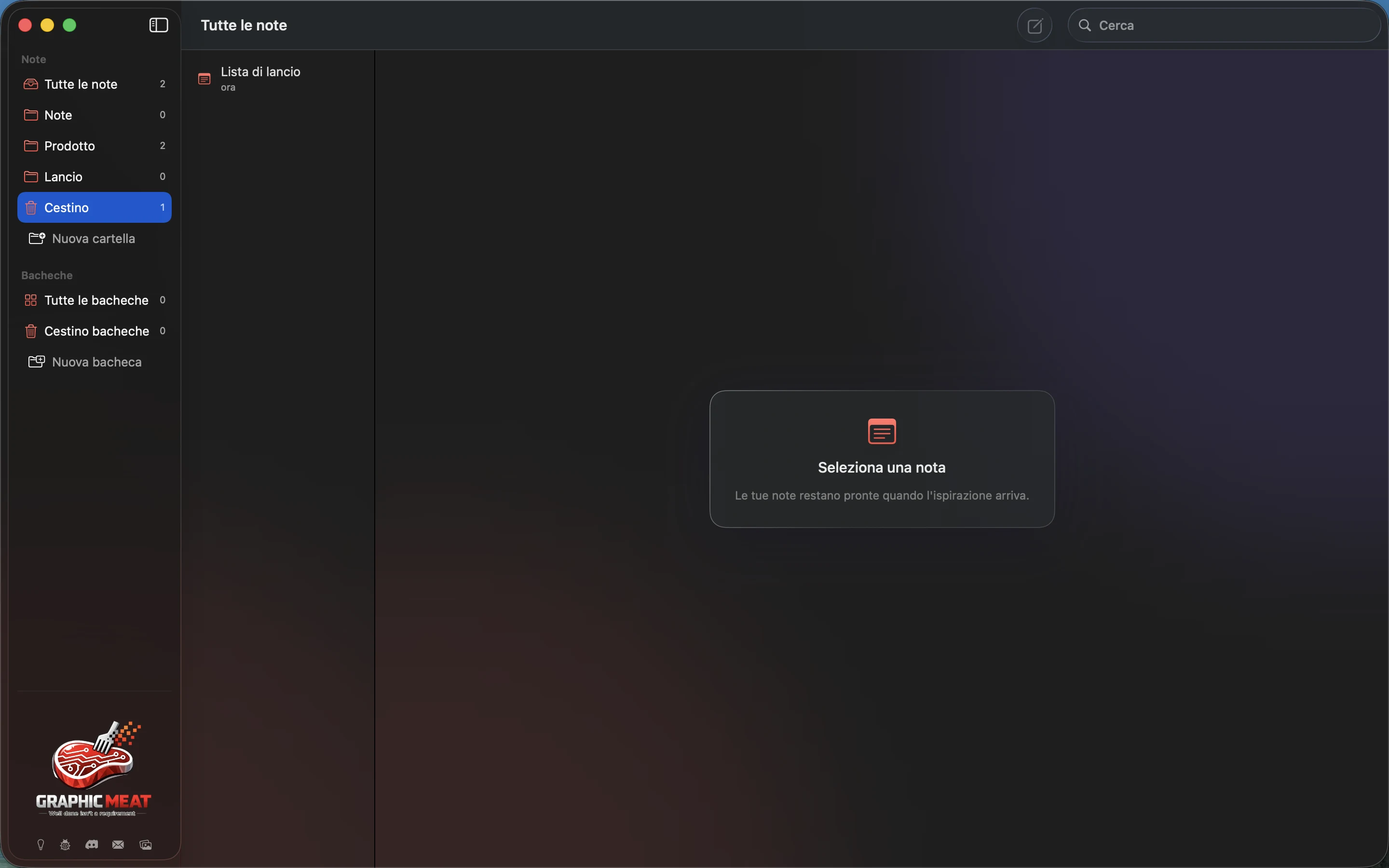 MeatPad version 0.31.4 it — Il cestino delle note con la checklist di lancio scartata.